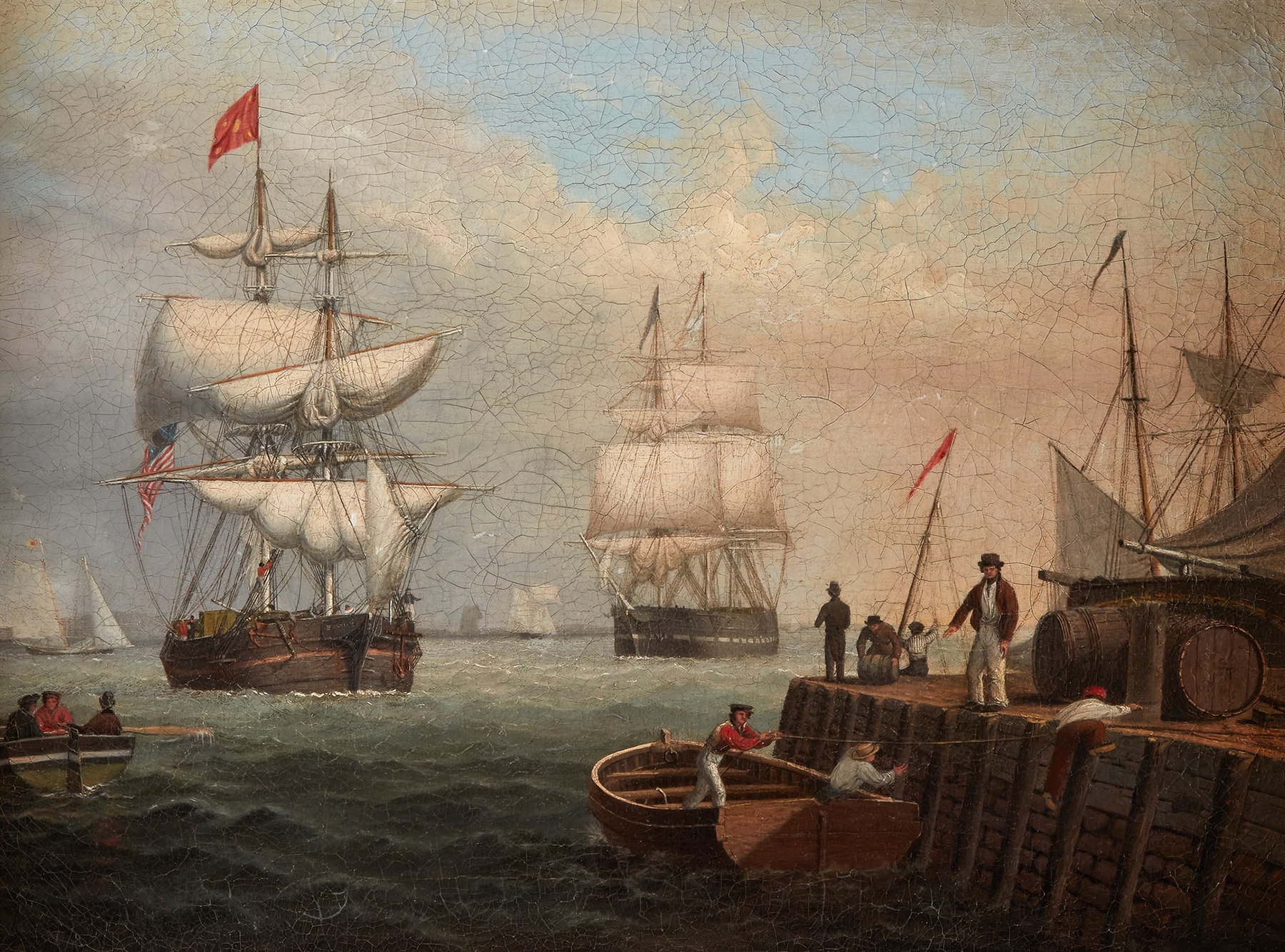 Boston Harbor by Fitz Henry Lane, oil painting depicting calm waters and ships under sunlight