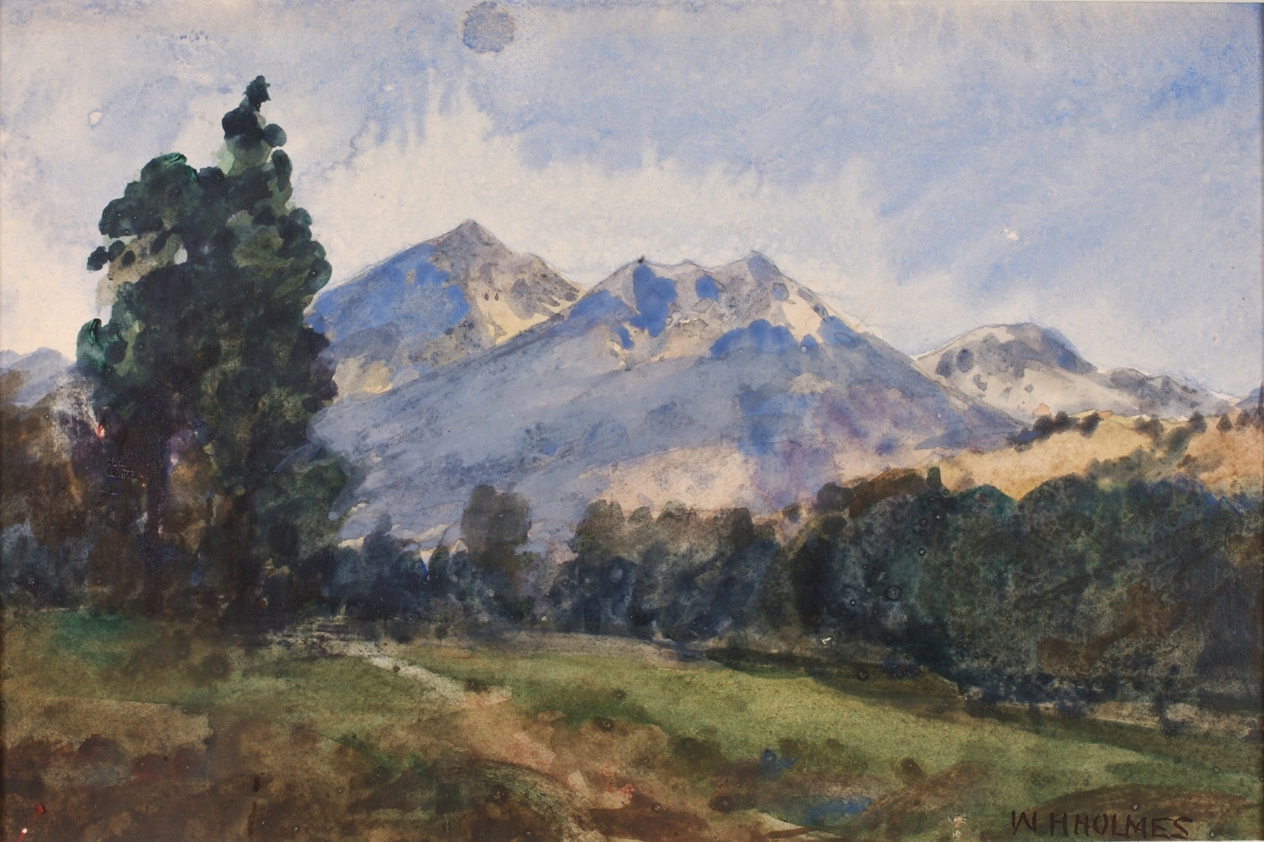 Watercolour by William Henry Holmes depicting hills and sunlight in Wyoming