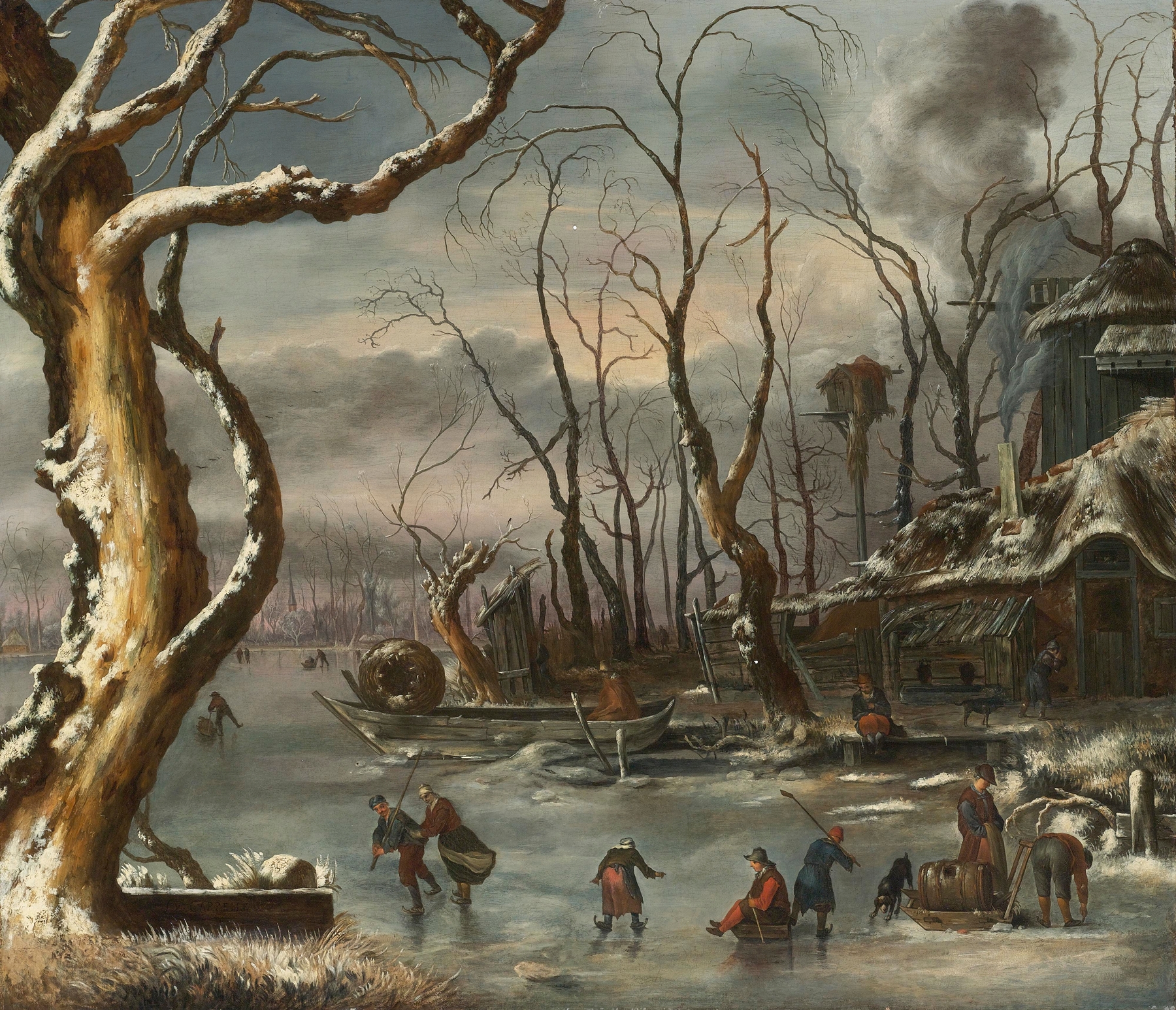 A winter landscape with a snow-covered path and trees, oil on panel by Jan Van Kessel The Elder.