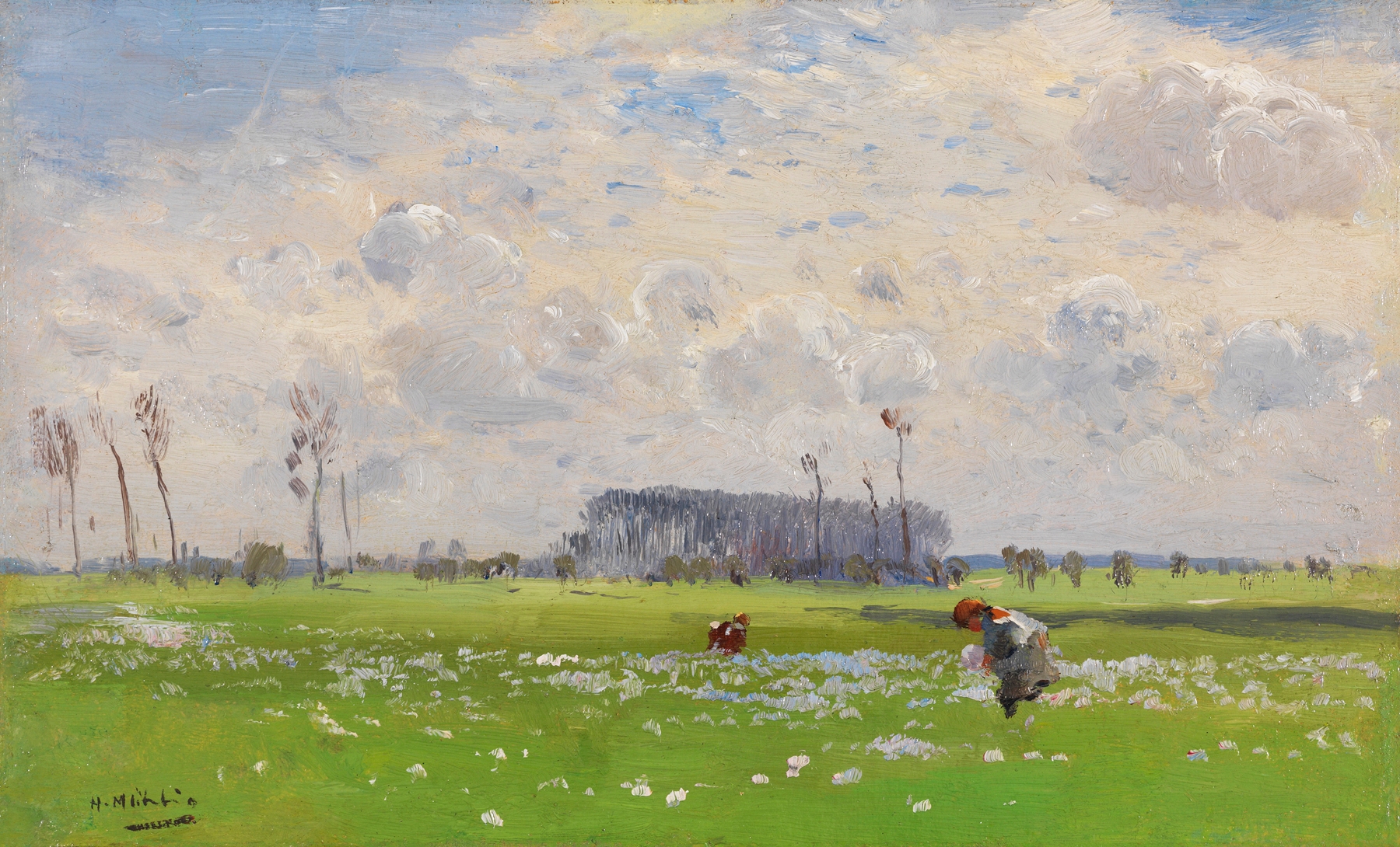 Oil painting by Hugo Mühlig depicting children picking flowers in a summer landscape.