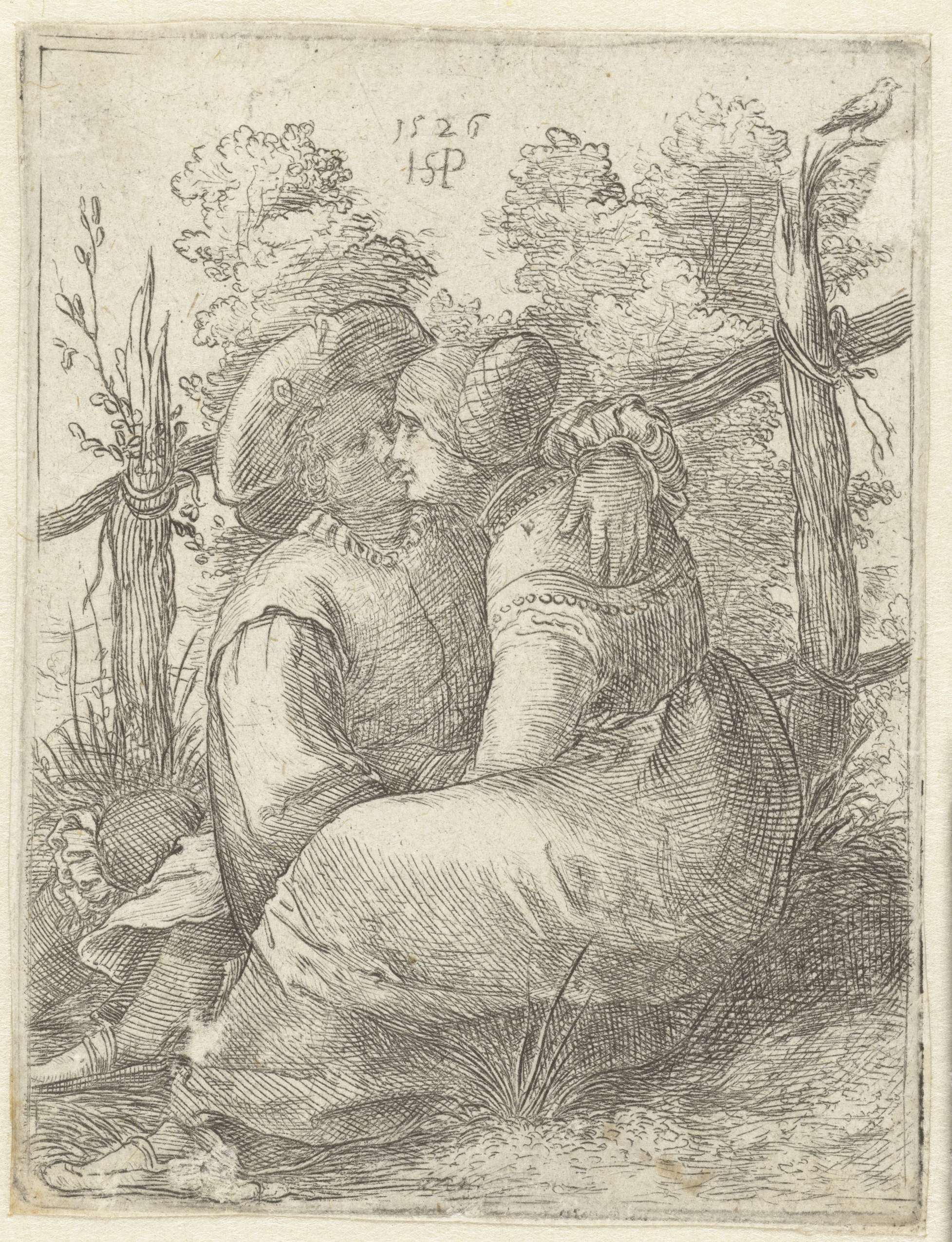 Couple sitting closely by a fence, etching by Unknown Artist
