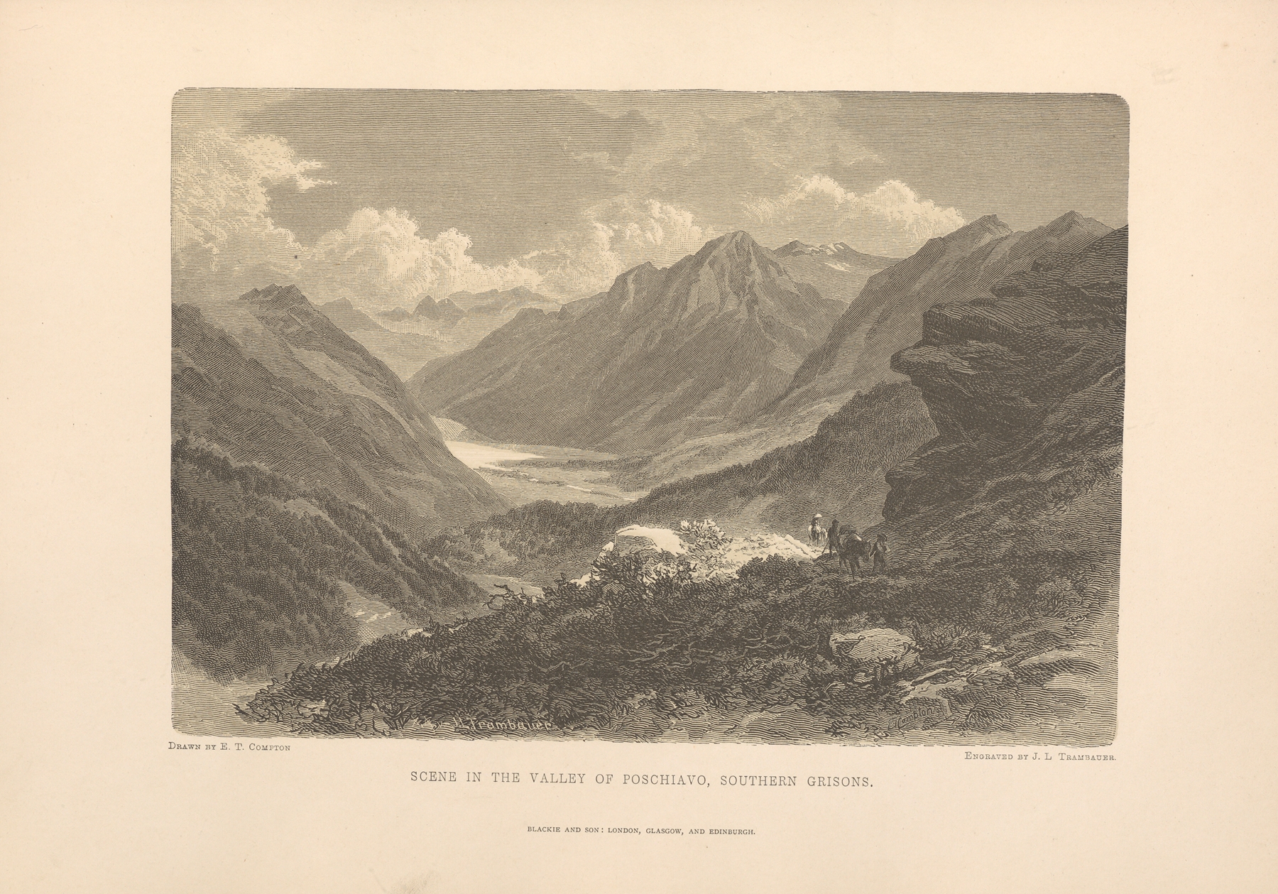 Landscape oil painting by Theodor Gsell Fels depicting a valley with mountains and light.