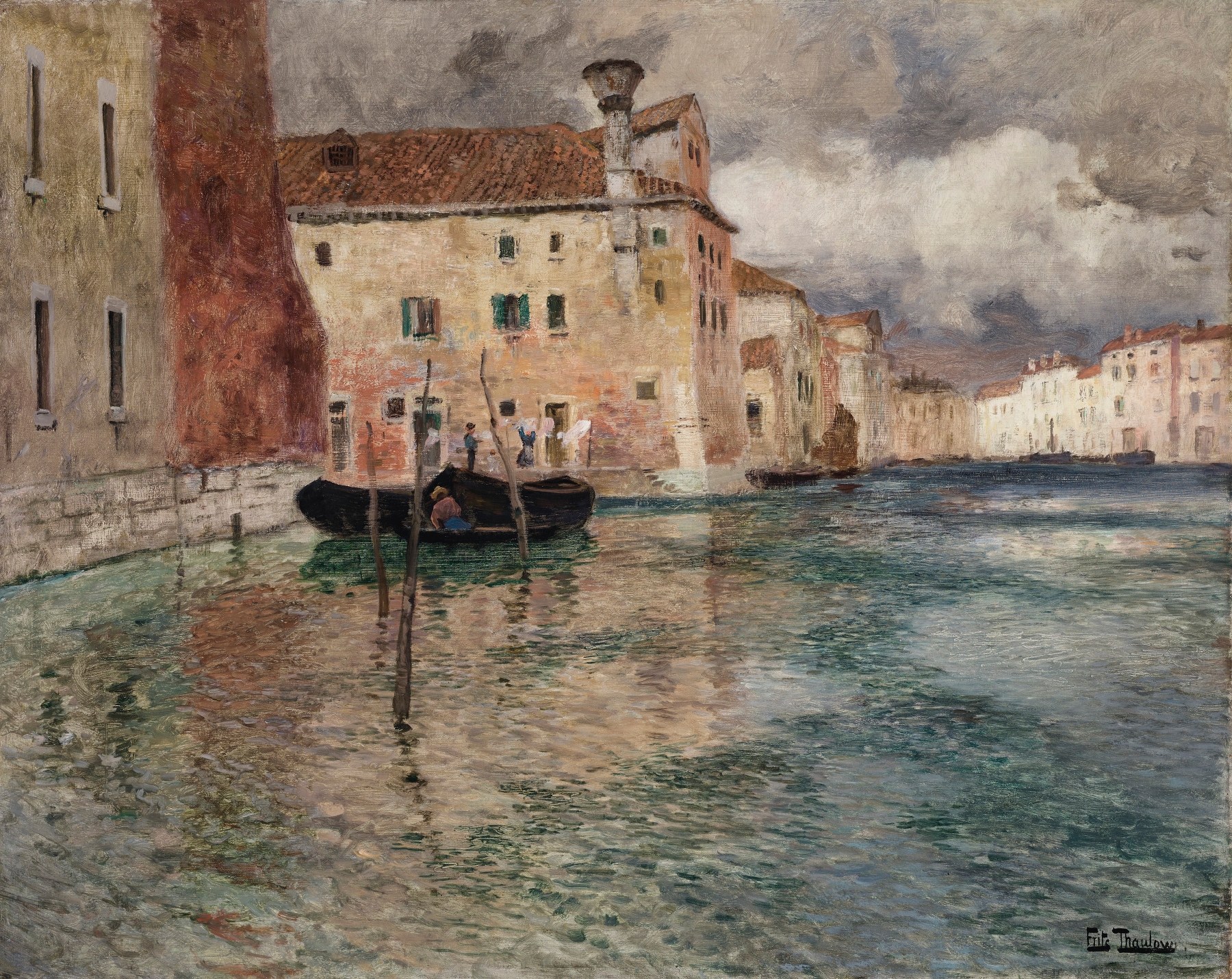 Venice landscape by Frits Thaulow, oil on canvas depicting tranquil canals and reflections.