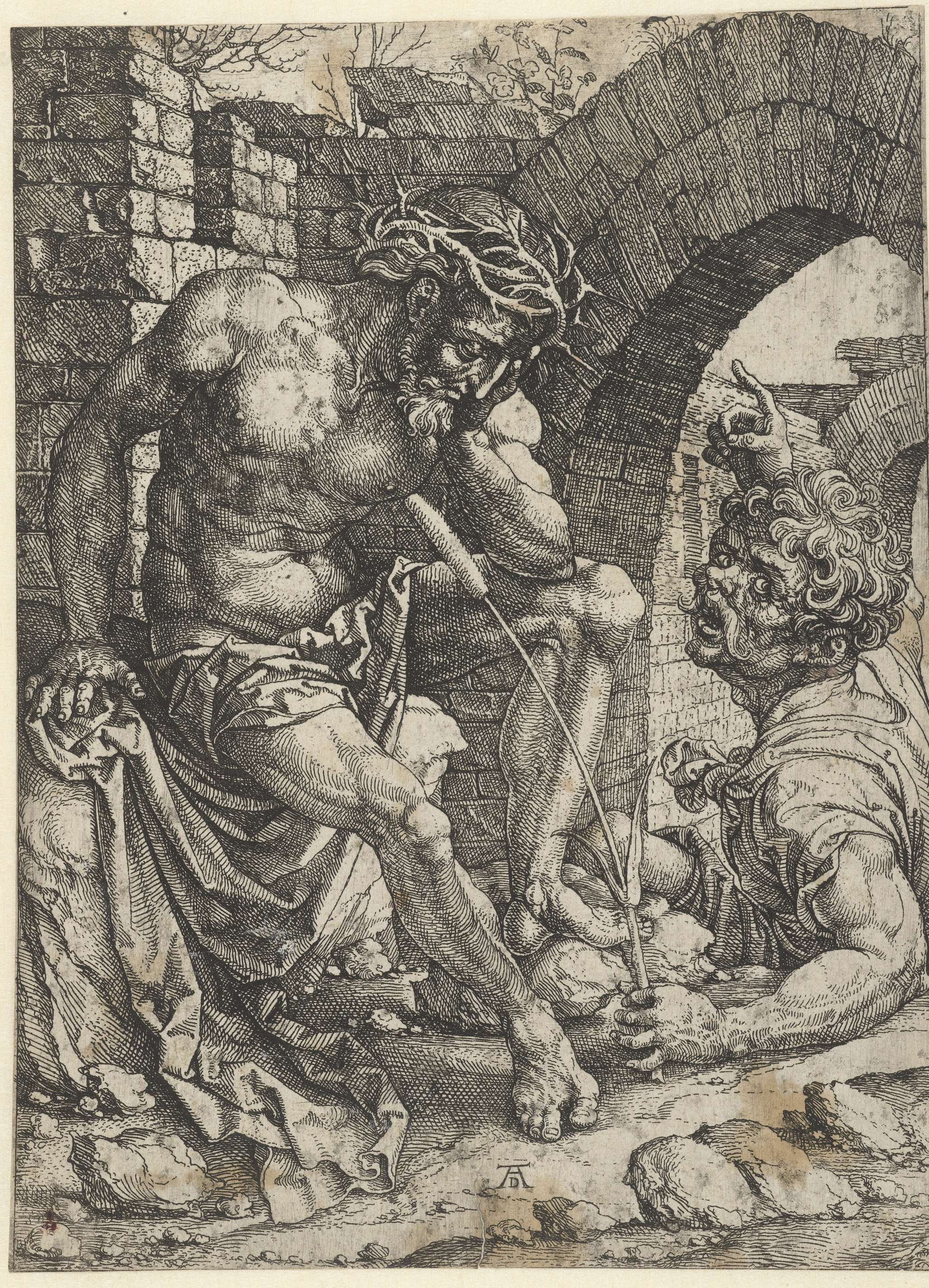 Religious etching by Jan Gossart depicting a figure in contemplation with intricate garments.