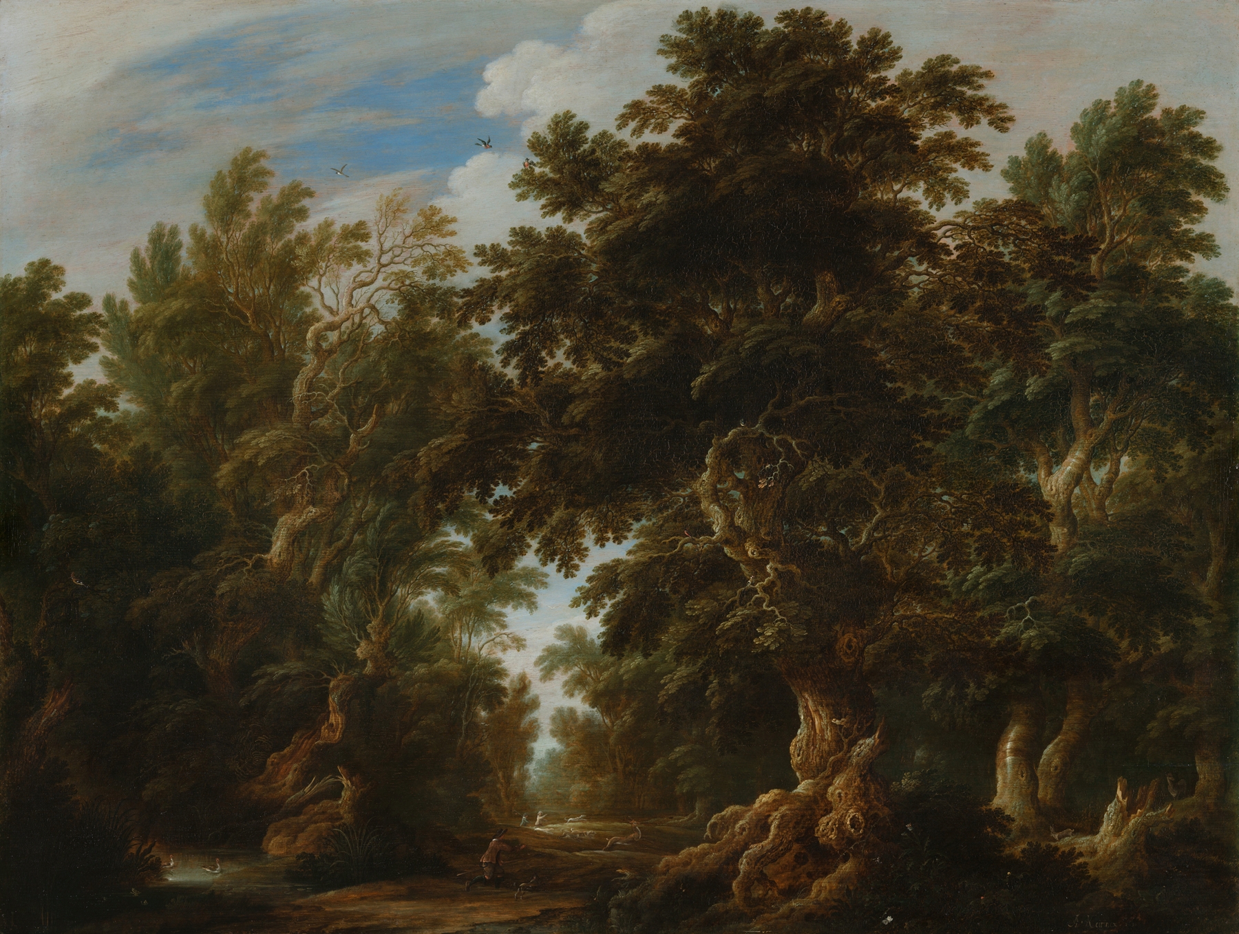Landscape with a Deer Hunt, oil on canvas by Alexander Keirincx, depicting a tranquil forest scene.