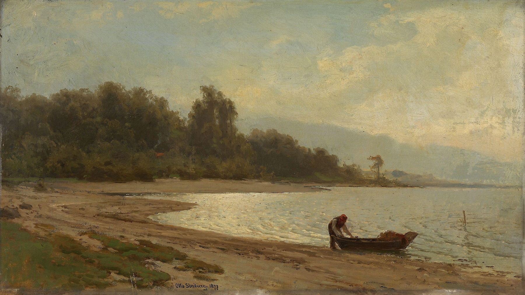 Landscape at Mjøsa by Otto Sinding, oil on canvas showing a tranquil lake and horizon.