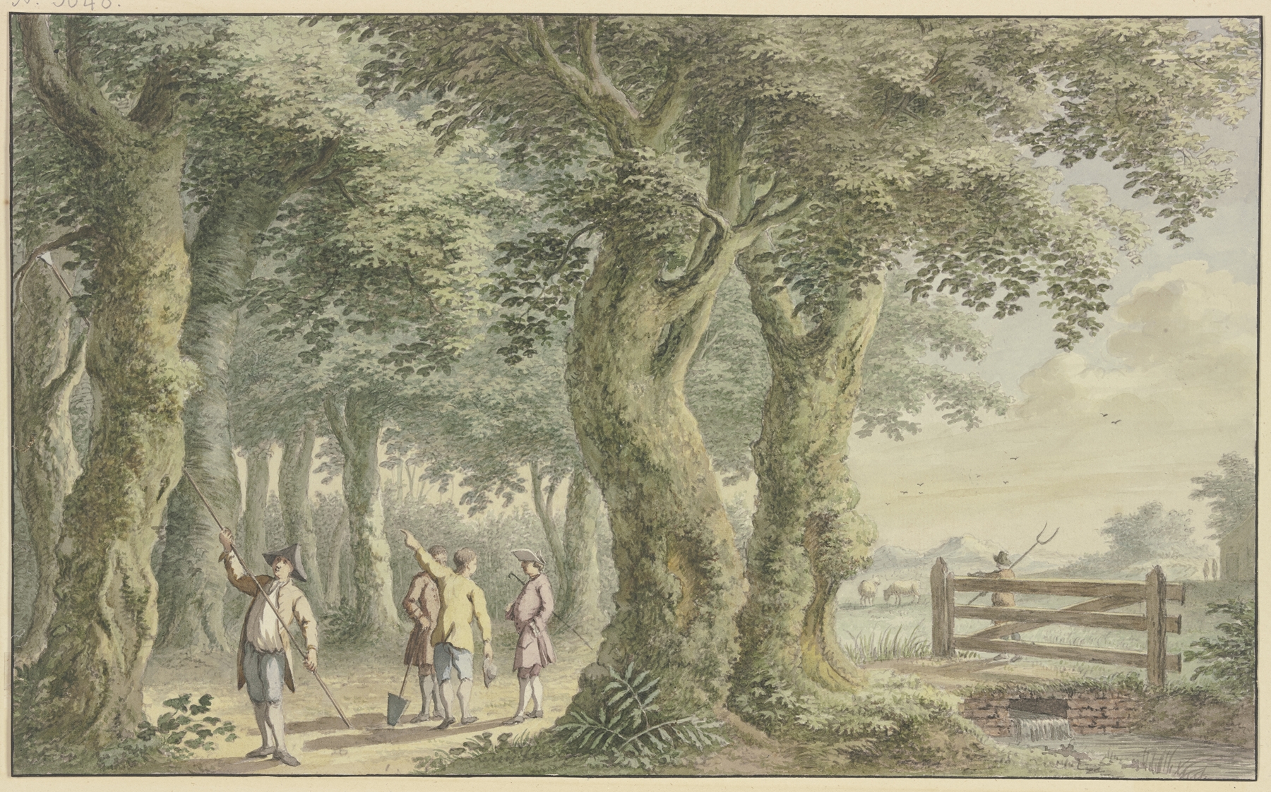 Landschaft mit Bäumen, Weidegatter und Figuren by Gerard van Rossum, oil painting depicting a serene landscape.
