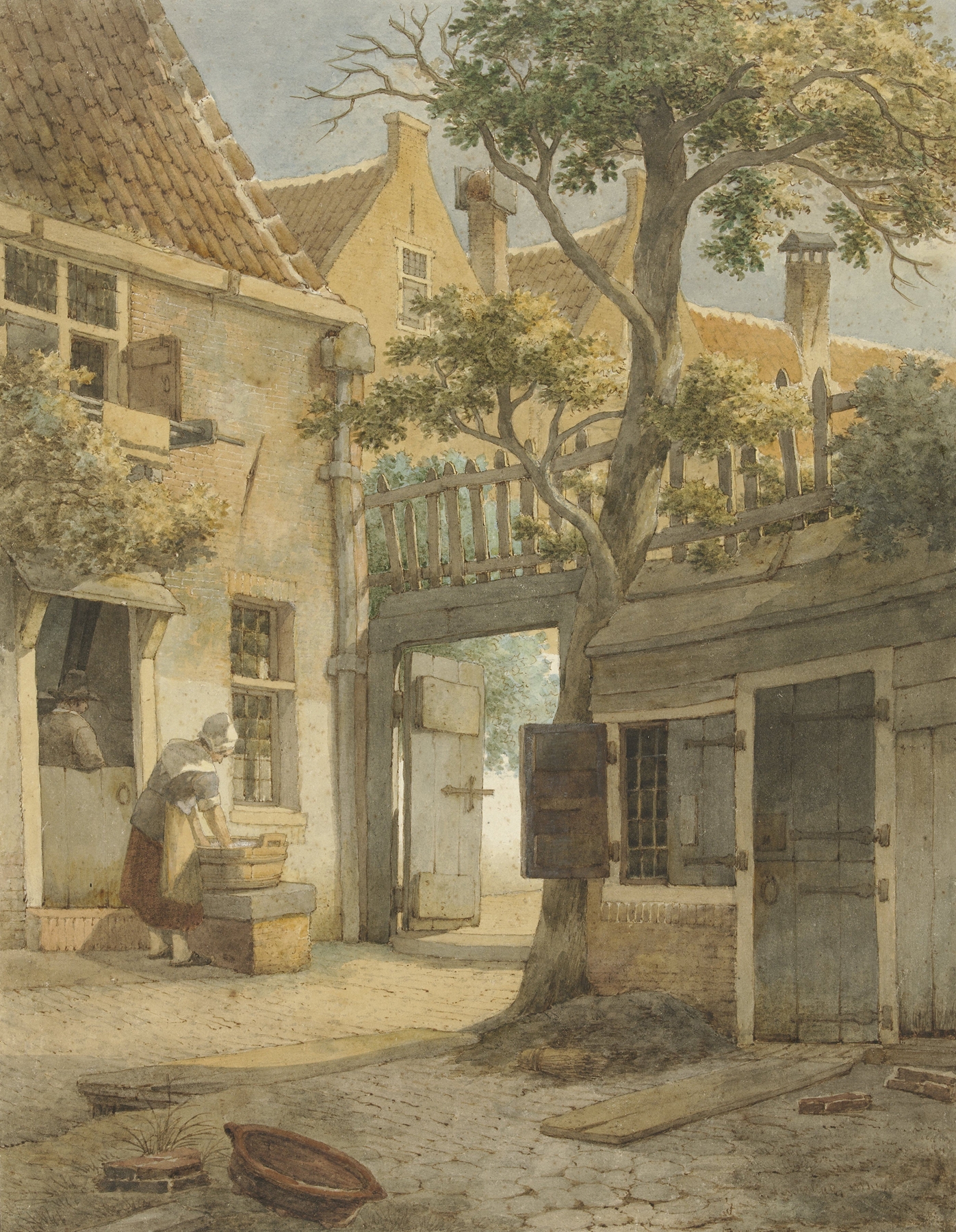 Interior scene of a courtyard with cobblestones by Daniël Kerkhoff, oil painting