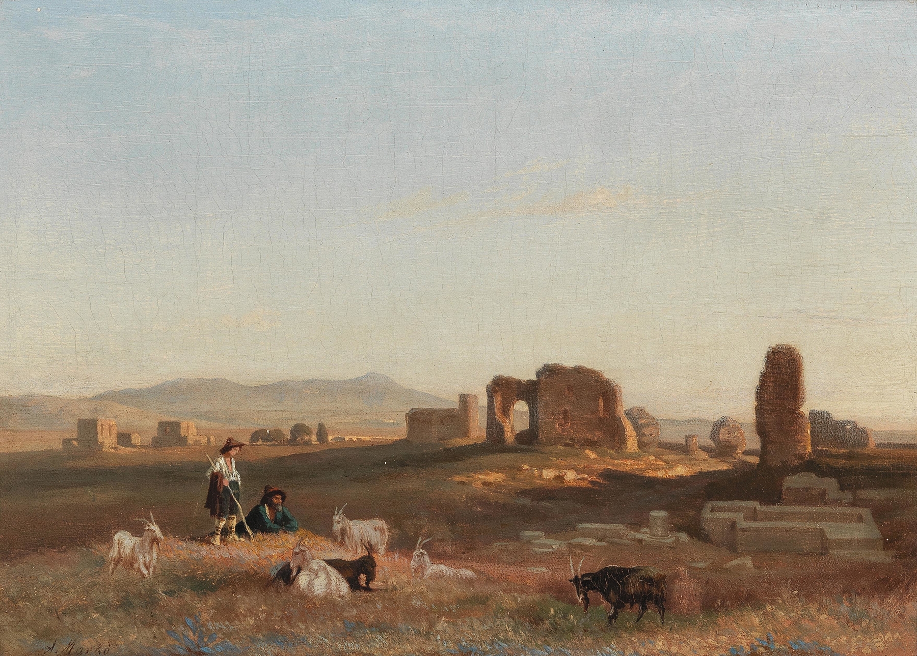 A Southern Landscape with Ruins, goats and shepherds, oil on canvas by Andreas Marko