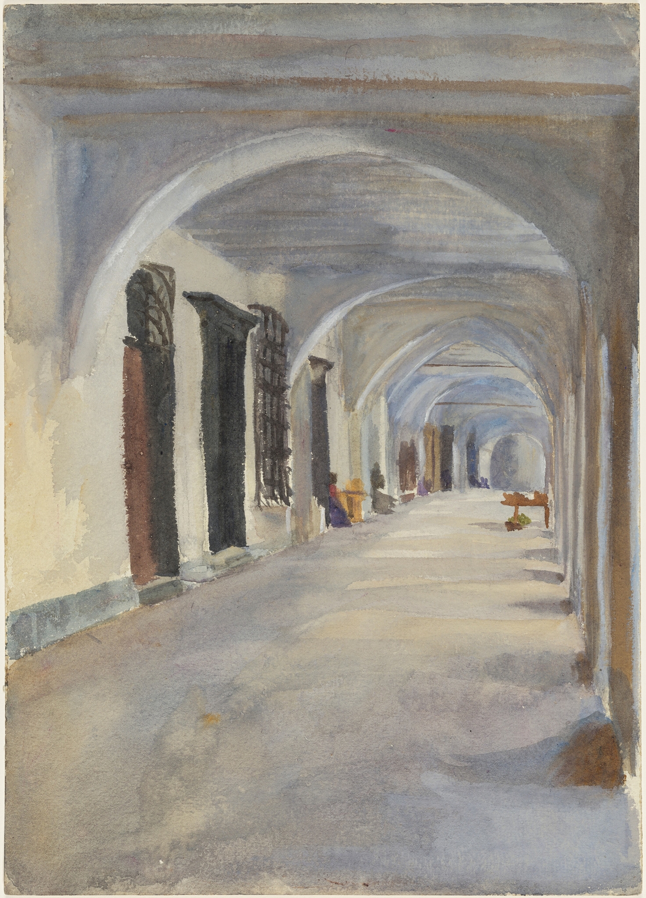 Interior scene of A Loggia by Emily Sargent, oil painting featuring light and figures in repose.