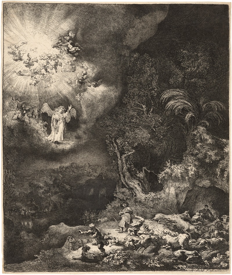 Rembrandt's 'The Angel appearing to the Shepherds' captures a moment of divine revelation.