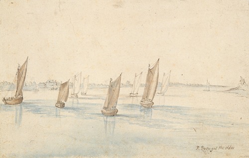 This painting depicts boats sailing on a river with a country house in the distance.