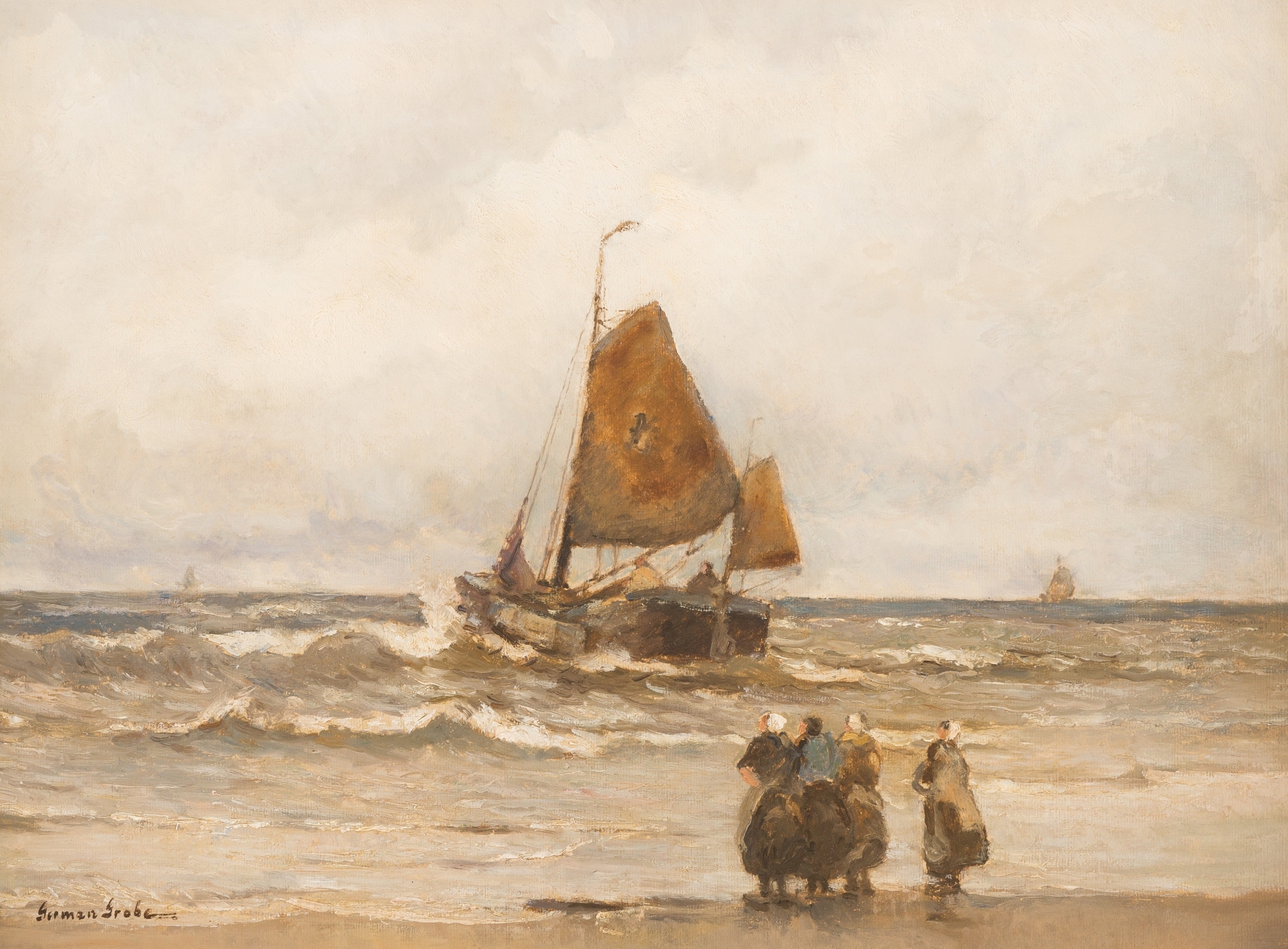 Fisher taking off by German Grobe, realism, depicting a fisherman at the ocean's edge.