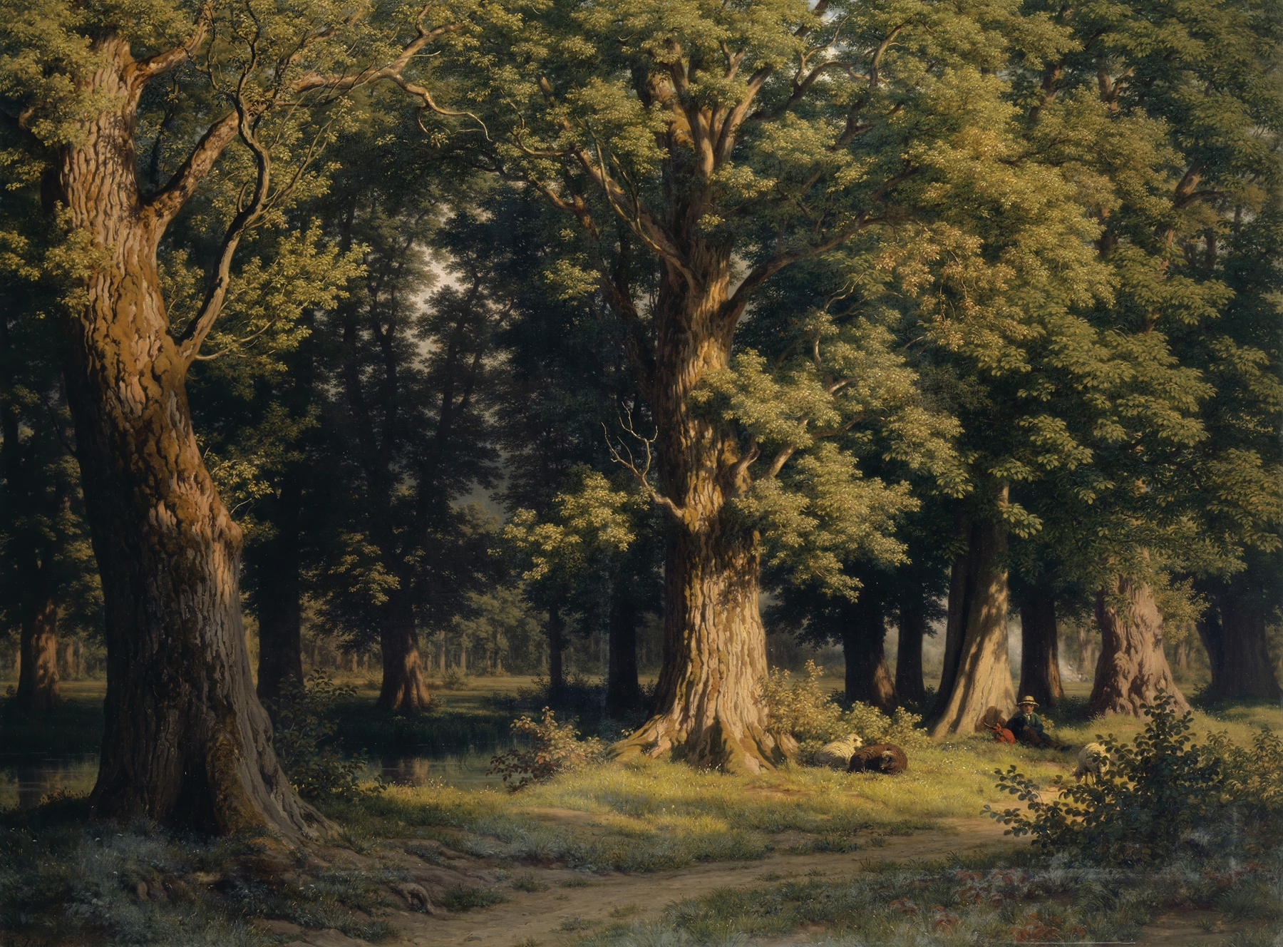 Landscape featuring a lake and lush foliage by Robert Zünd, oil painting