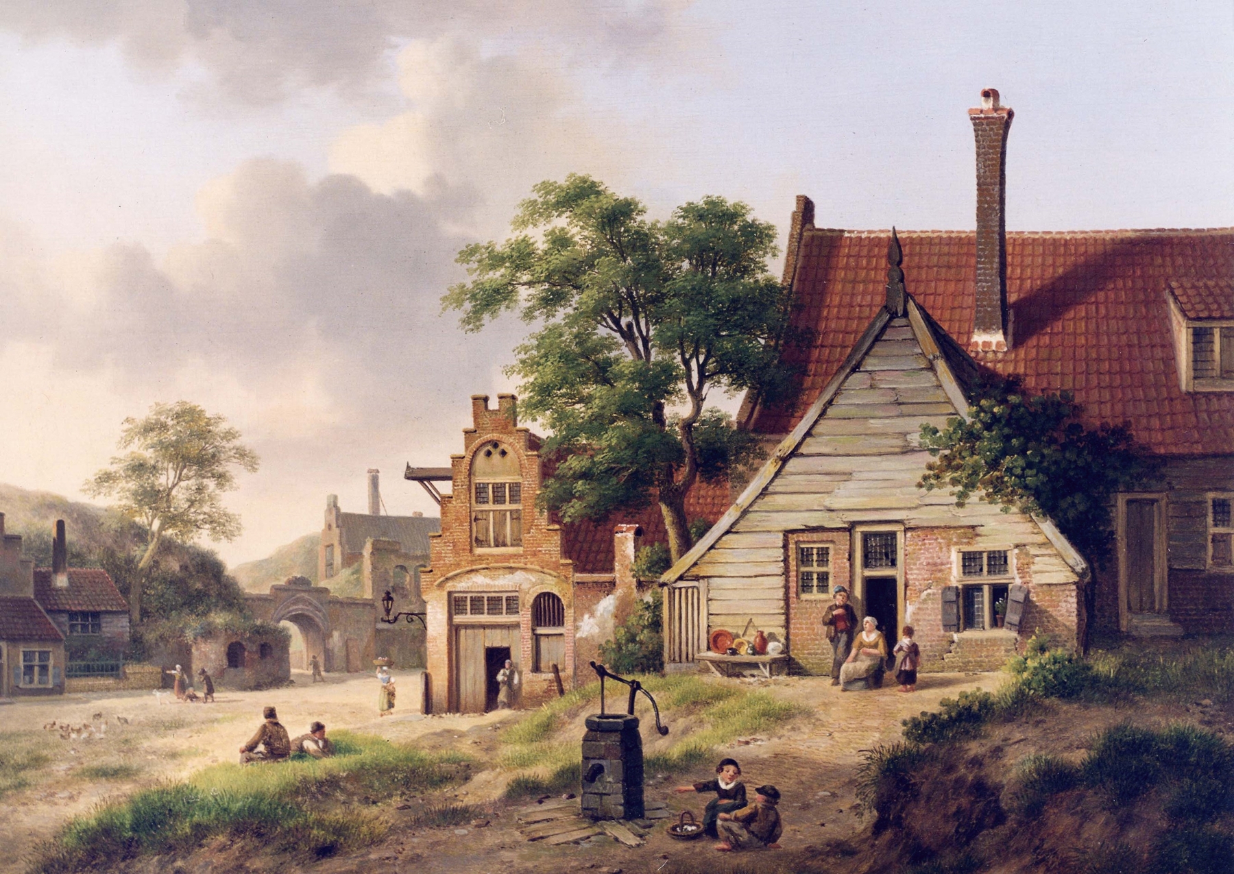 A Dutch Village Scene with Figures, oil painting by Jan Hendrik Verheijen