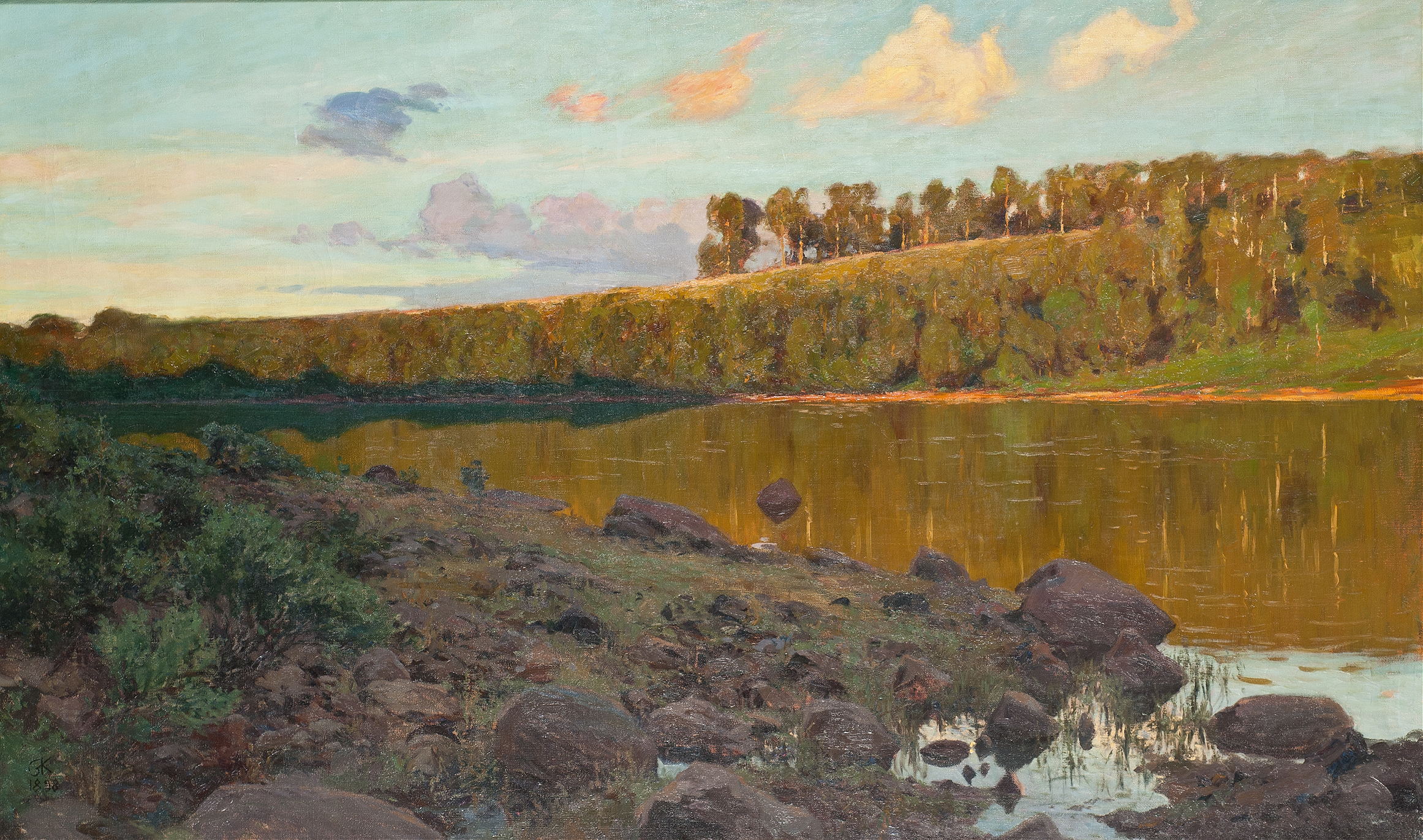 Lake in the Forest by Gottfrid Kallstenius, impressionism, depicting a serene lake surrounded by trees.