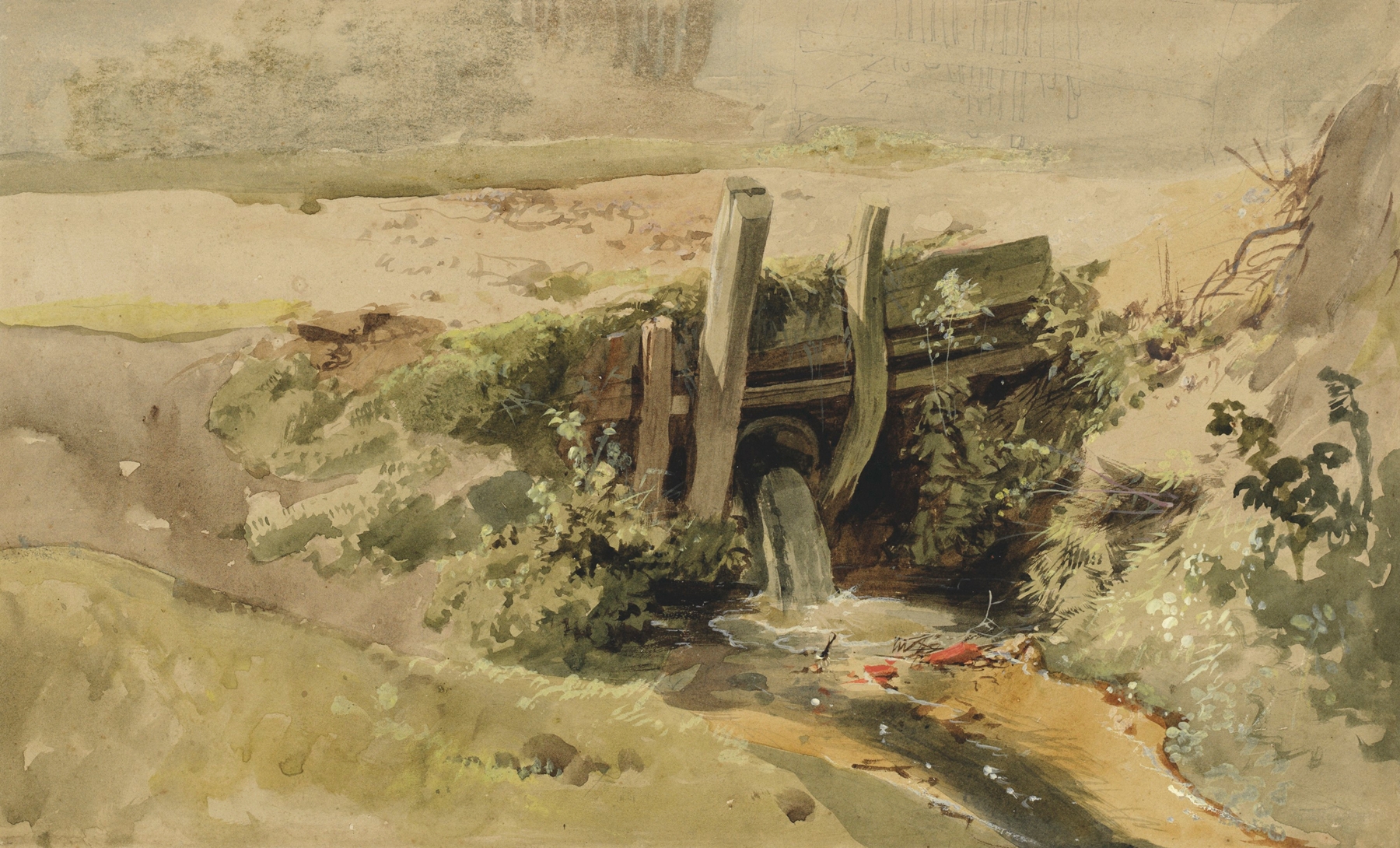 The Sluice Gate by John Middleton, oil on canvas depicting a sluice gate and flowing water.