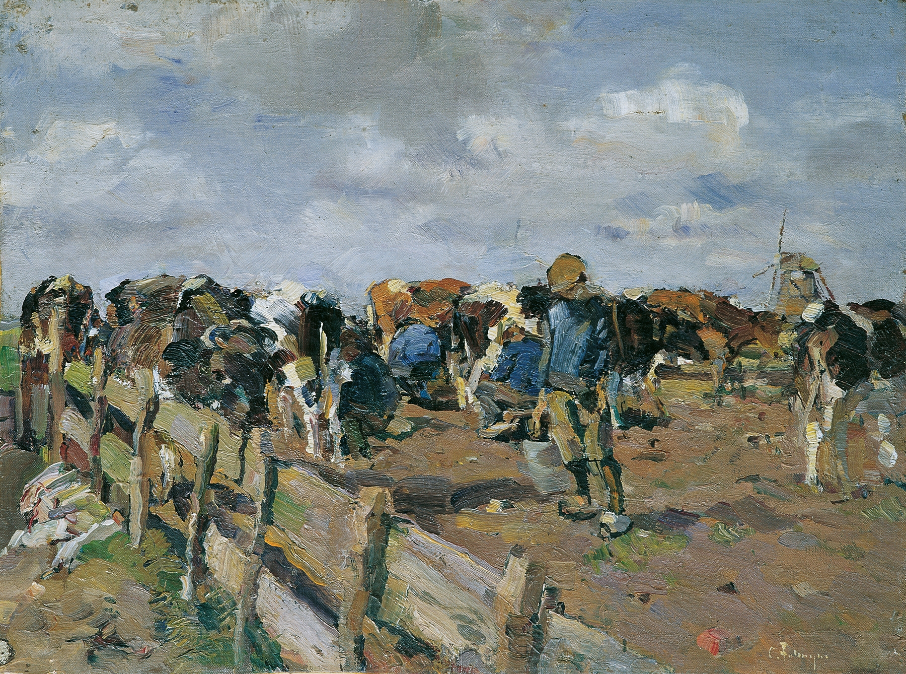 Oil painting by Carl Fahringer depicting a farmer milking a cow in a barn