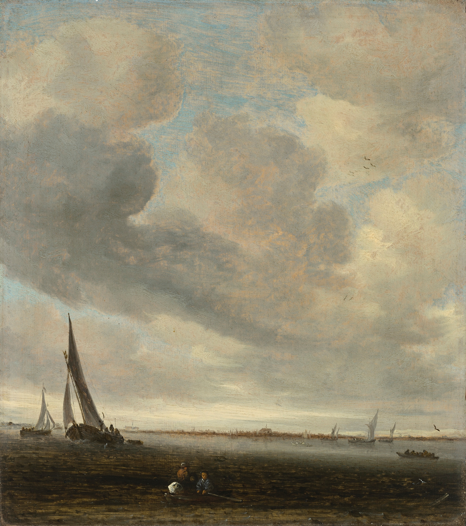 An estuary scene with a distant view of Haarlem, by Salomon van Ruysdael, public domain