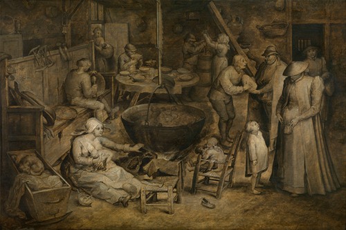 A detailed scene of rural life depicting figures engaged in farming activities.