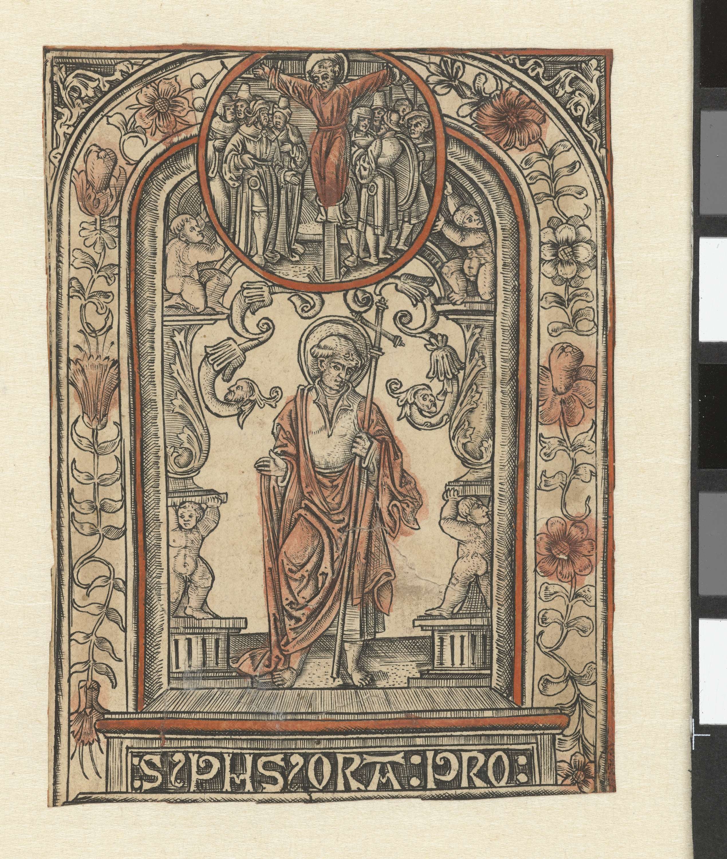 Engraving of St. Philip's martyrdom by Allaert Claesz, featuring intricate robes and soft light.