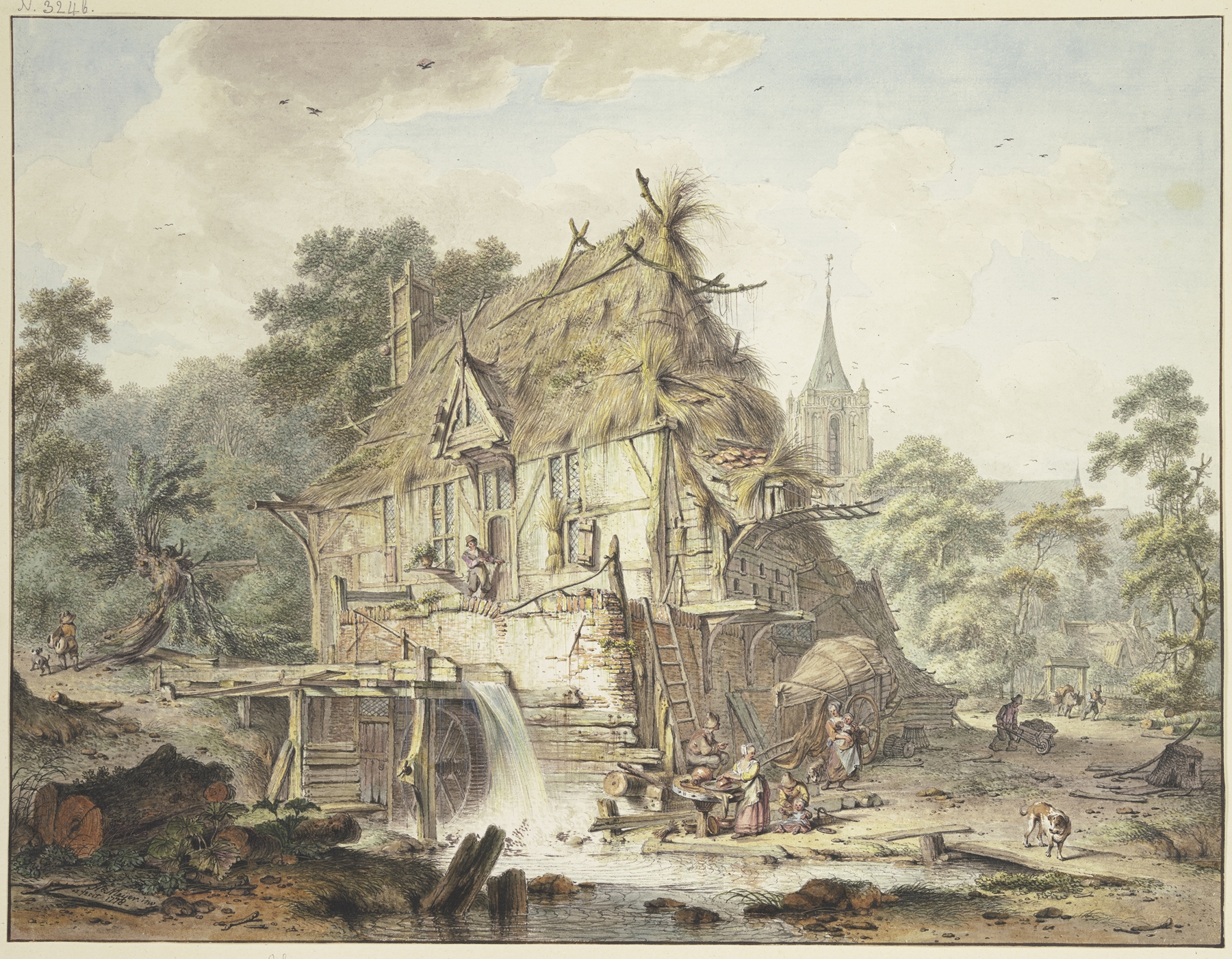 Landscape with a watermill and figures by Hendrik Meyer, oil painting