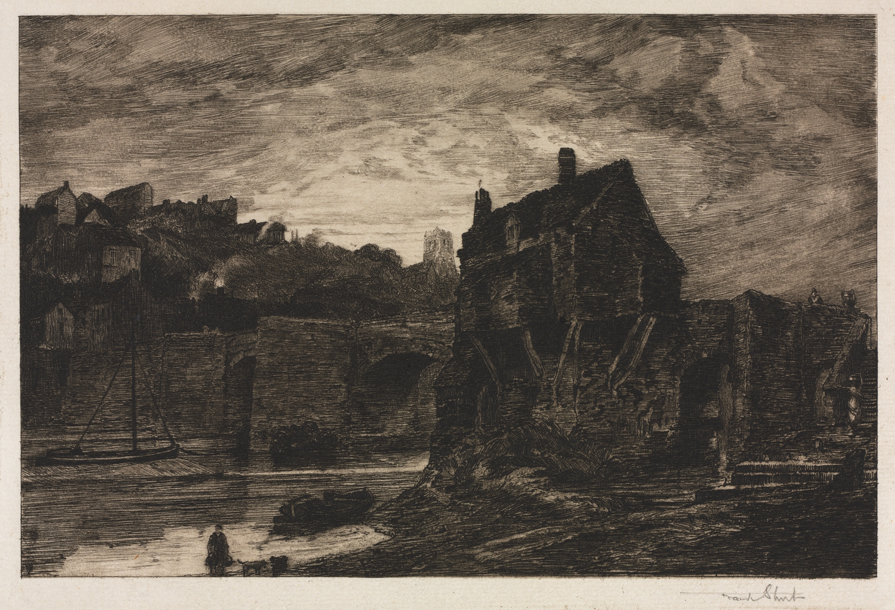 Landscape by Sir Frank Short, depicting a river and evening sky, oil painting