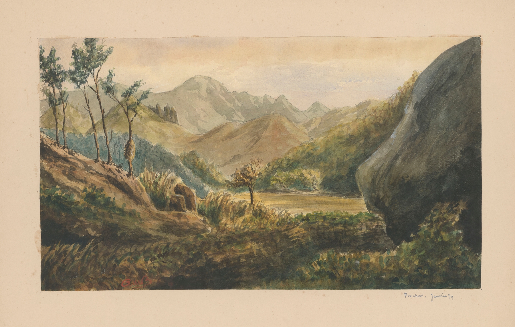 Watercolor by Auguste Mouillesaux de Bernières depicting a serene landscape