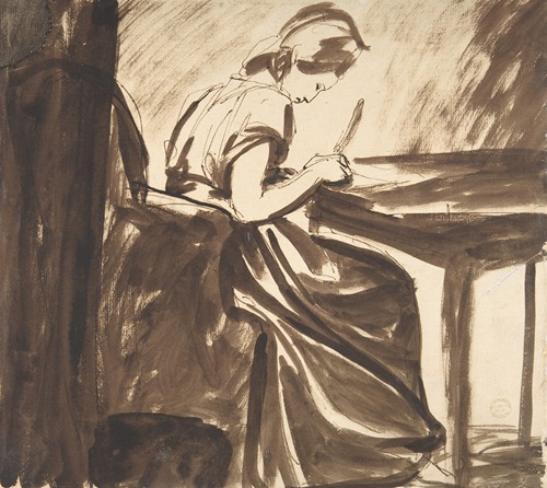 A portrait of a lady seated at a table, showcasing George Romney's style.