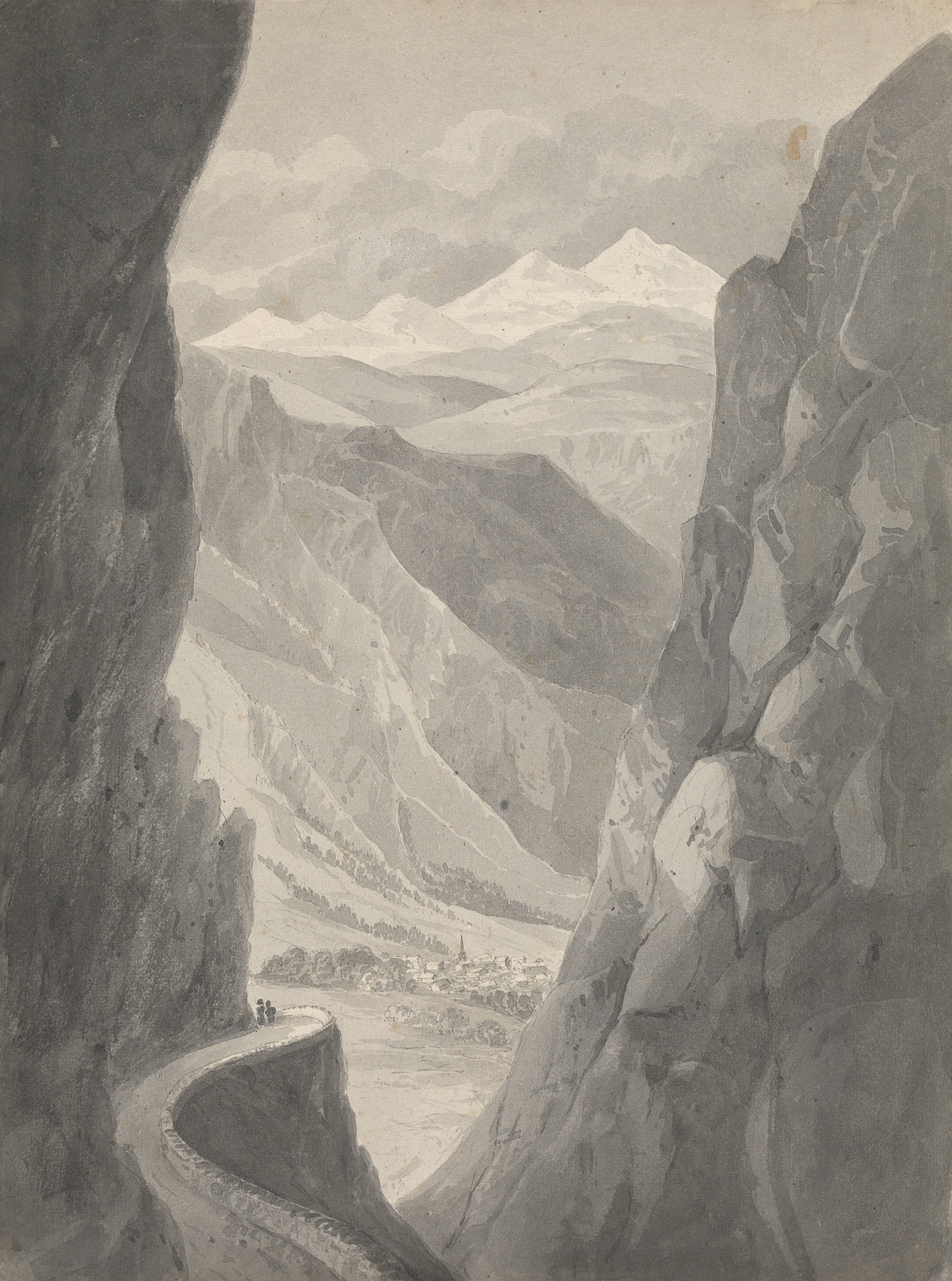 Landscape showing a winding path in the mountains by Isaac Weld, 1817