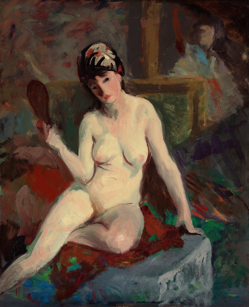A seated nude figure depicted in a realistic style.