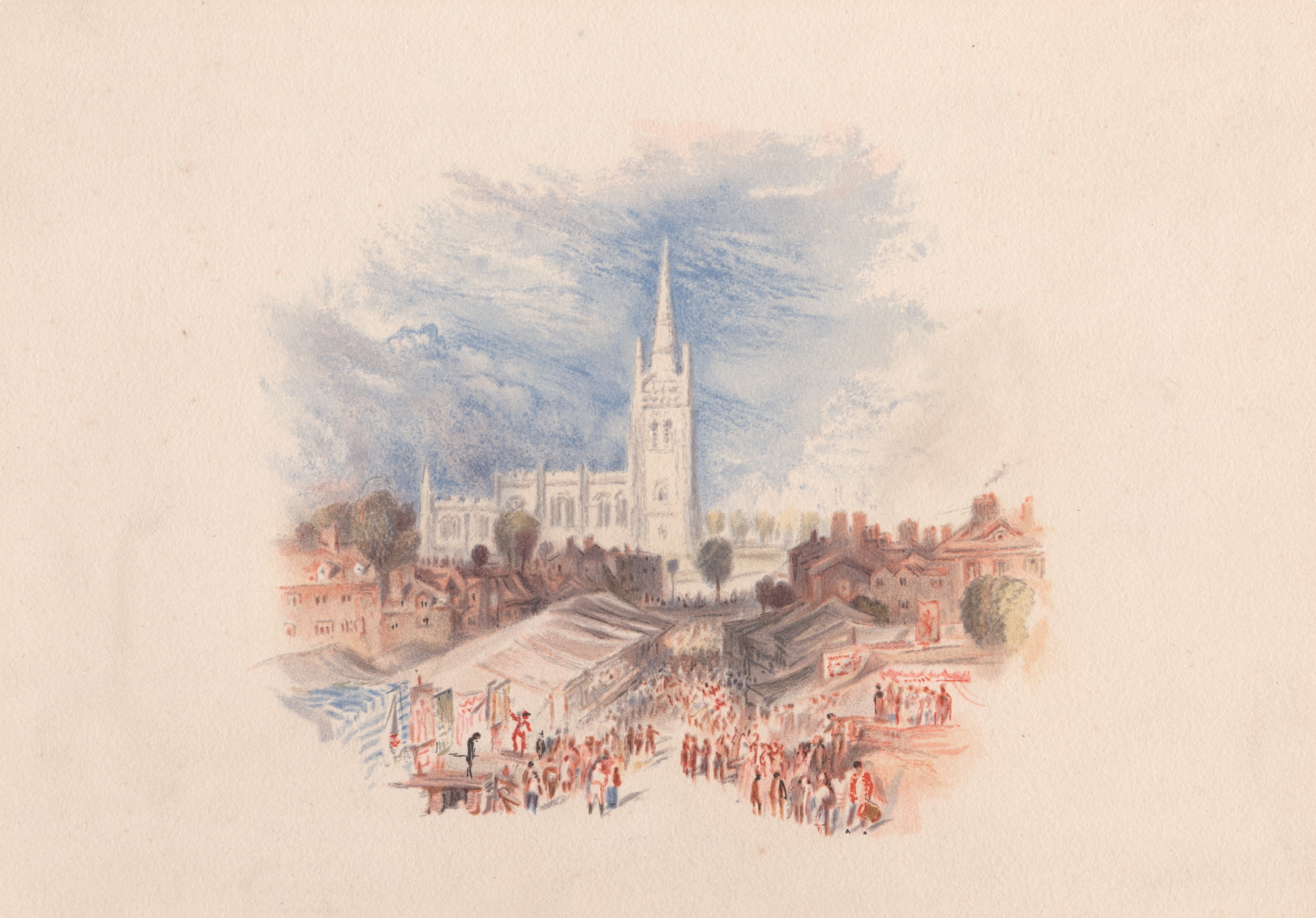 Genre scene depicting a village fair with figures gathered, by M.H. Long, 1884