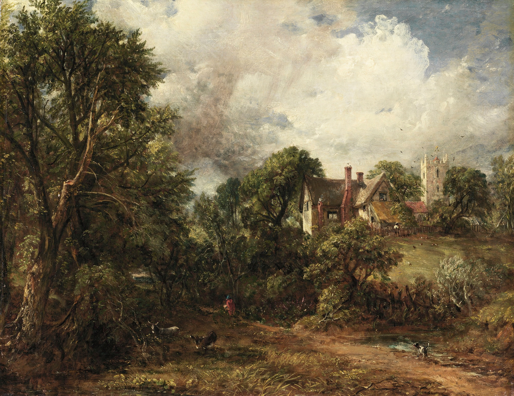 The Glebe Farm by John Constable, oil painting of a farmhouse surrounded by greenery and sunlight.