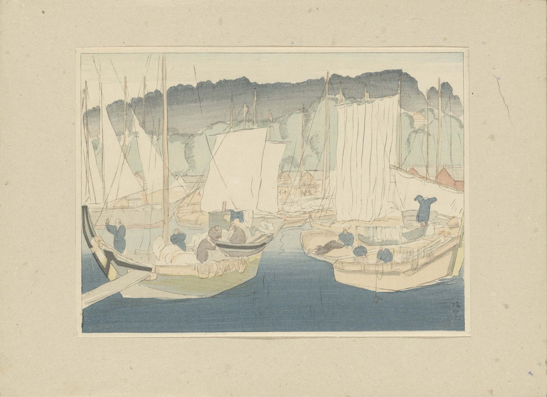 Ukiyo-e by Morita Tsunetomo depicting boats in the harbor, 1917