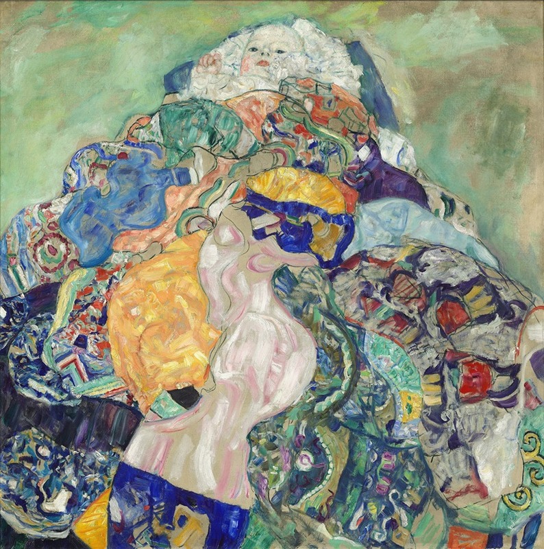 A tender scene of a sleeping baby in a cradle surrounded by intricate patterns and soft colors.