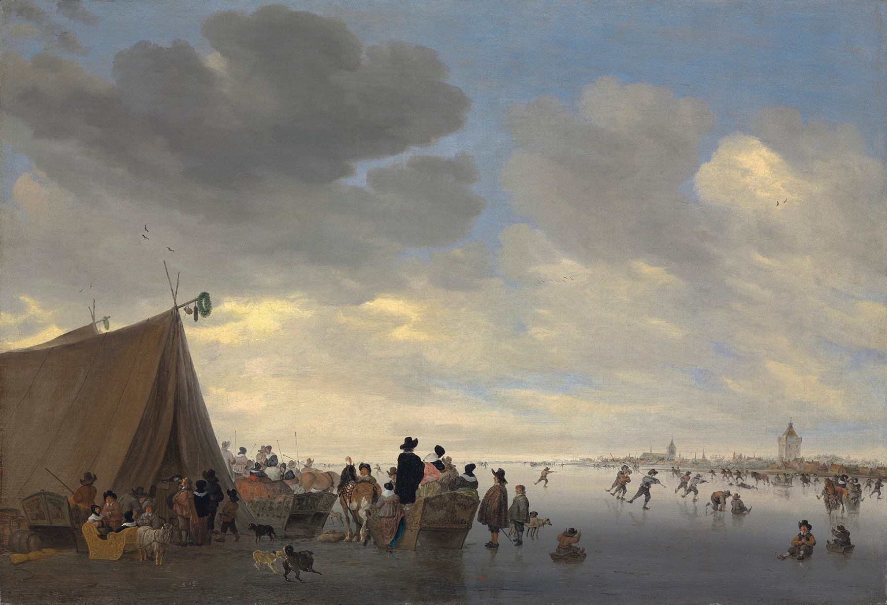 Skaters on the frozen river Lek, the town of Vianen beyond, by Salomon van Ruysdael, public domain