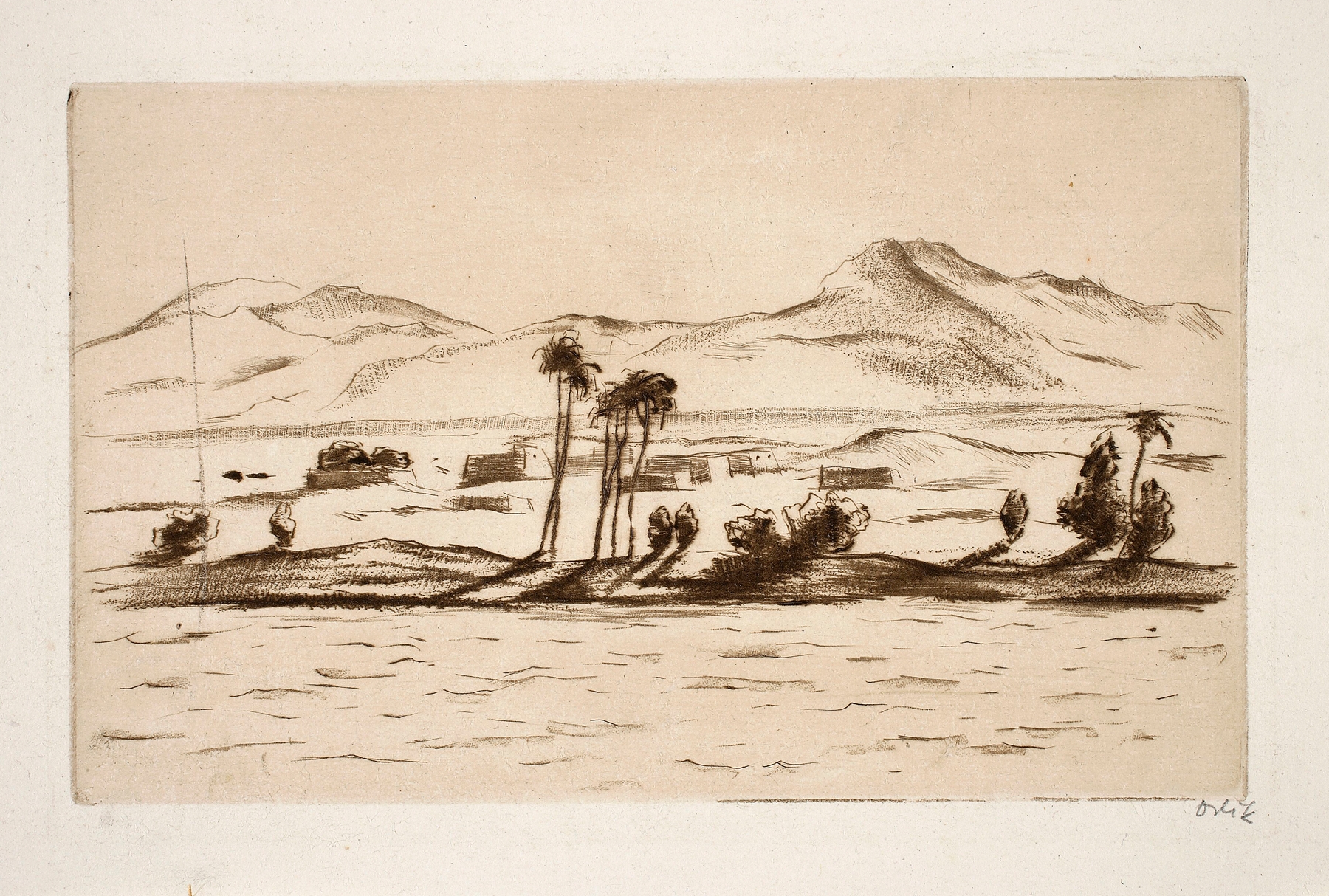 Arabische Landschaft by Emil Orlik, watercolor on paper depicting a misty landscape with mountains.