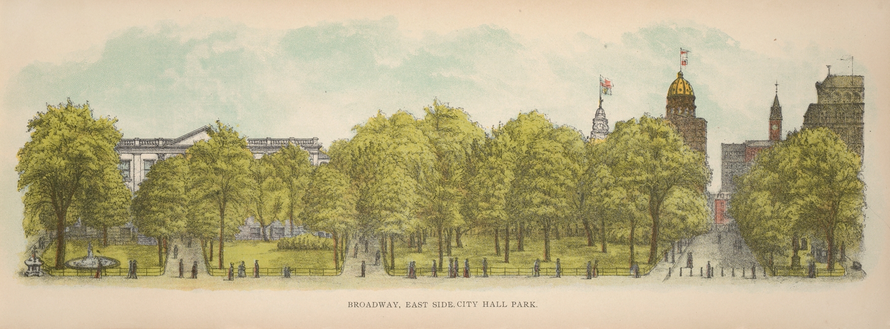 Genre scene depicting city life in City Hall Park, oil painting by Mail & Express