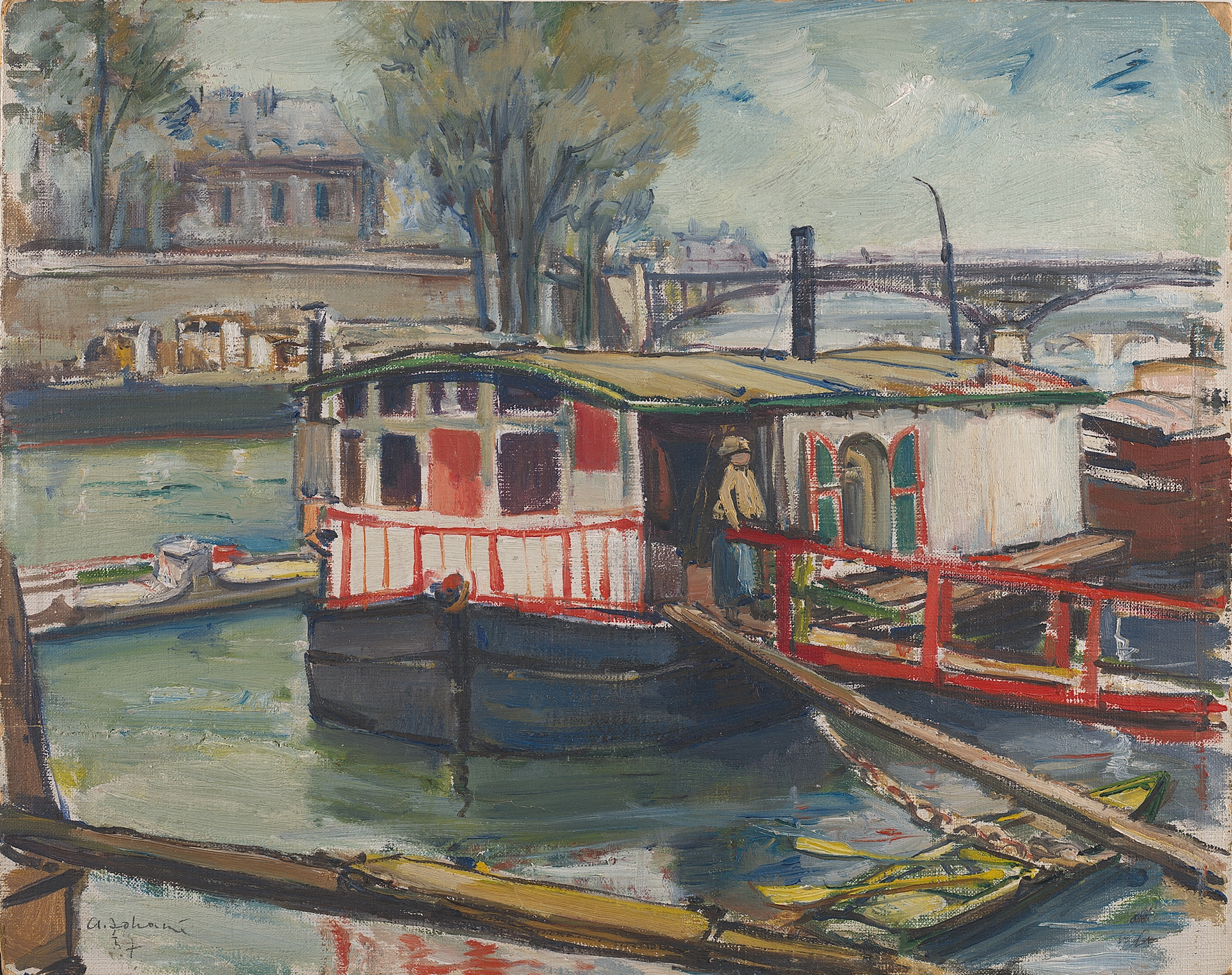 Figurative oil painting by Andrus Johani depicting figures in stillness with muted colors.