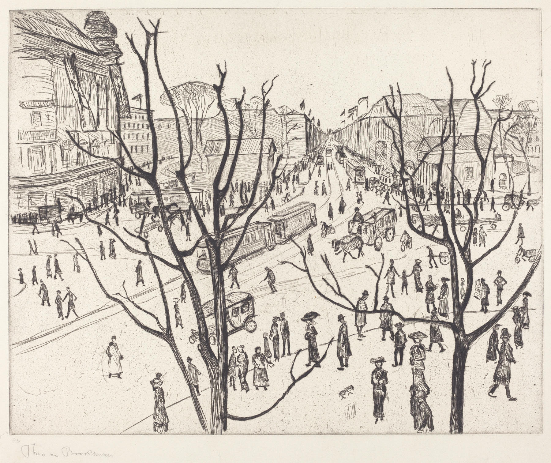 Genre scene depicting a bustling city square by Theo Von Brockhusen, oil painting.
