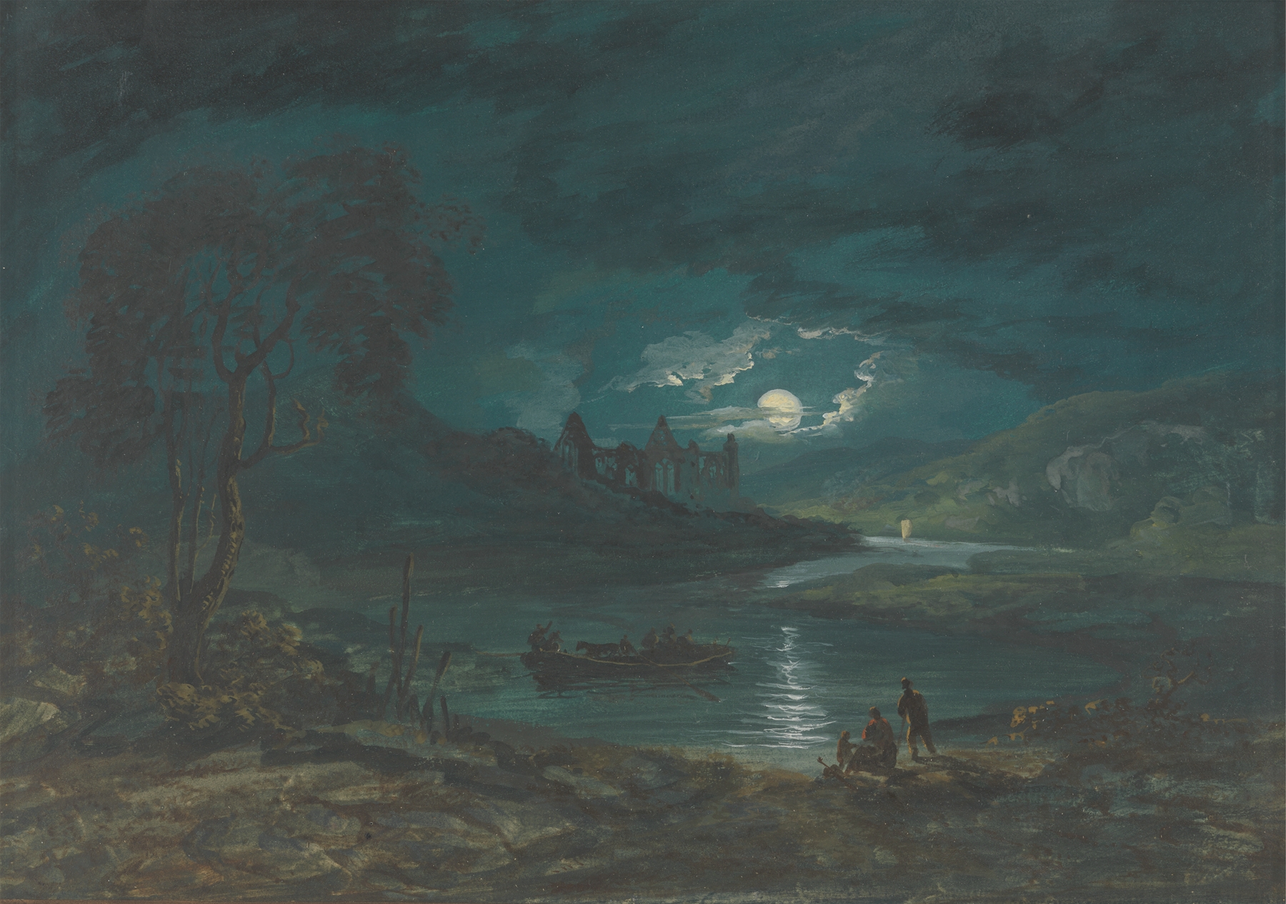 River landscape with a ruined abbey at night by John Laporte