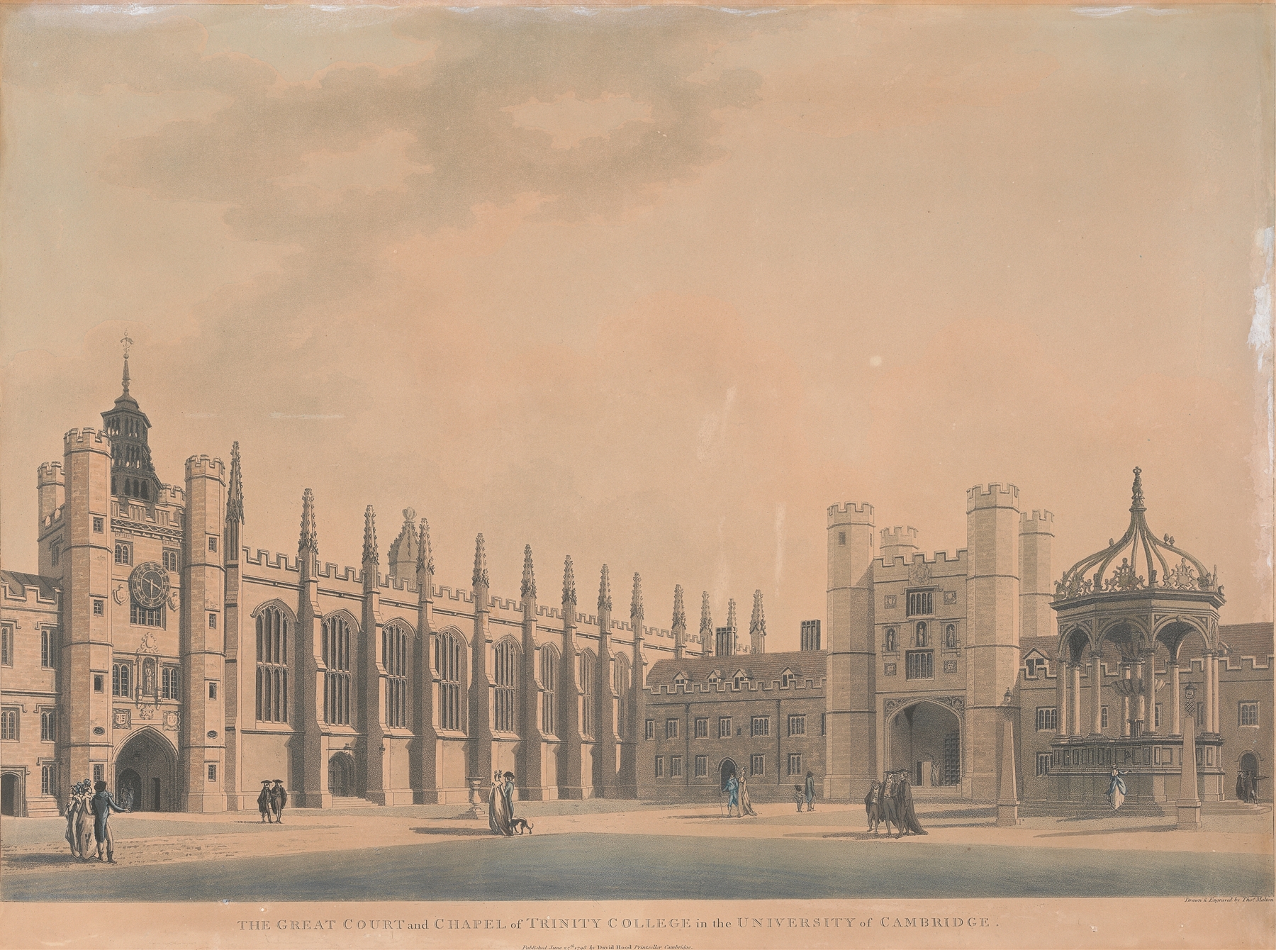 Neoclassical architecture by Thomas Malton the Younger, depicting Cambridge University Great Court and Chapel