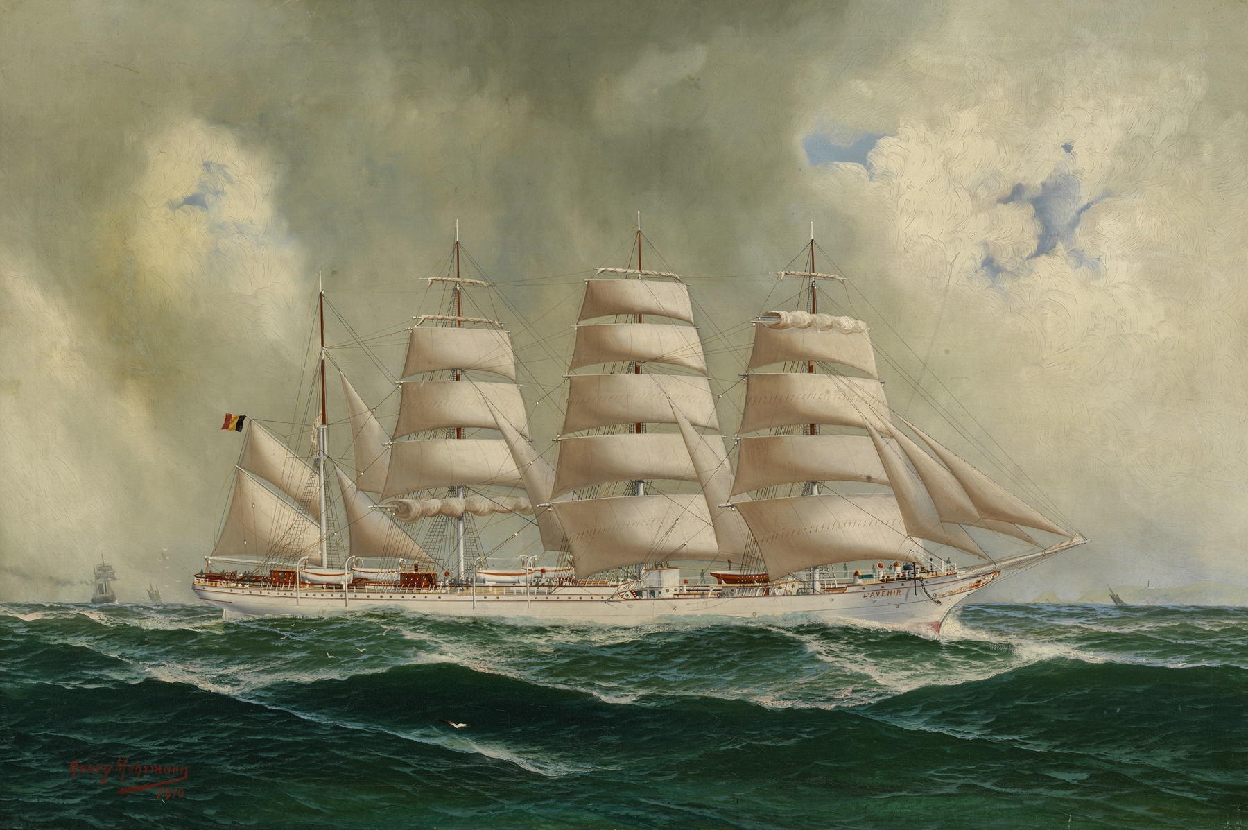 Viermastbark en opleidingsschip ‘L’Avenir’ by John-Henry Mohrmann, realism, depicting a majestic ship on calm waters