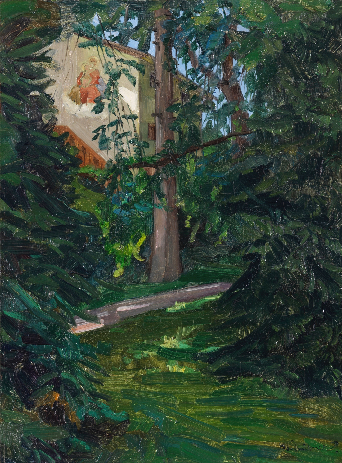 Haus mit Madonna by Wilhelm Trübner, oil painting depicting a house and a Madonna in soft light.