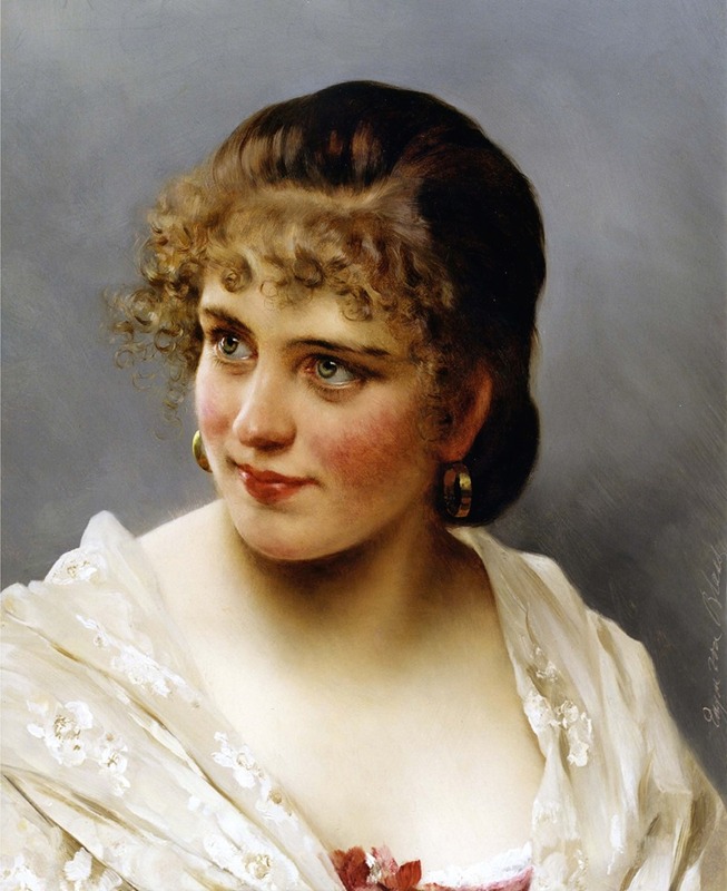 A painting titled 'Innocence' by Eugen von Blaas depicting a young girl in a serene setting.