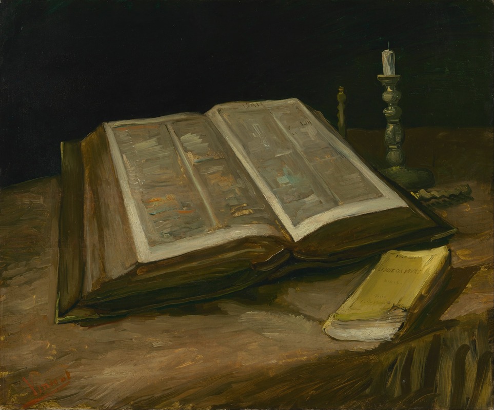 Vincent van Gogh's Still Life with Bible features a vibrant arrangement of objects.