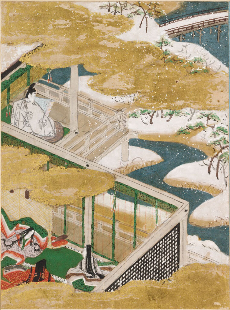 Beneath the Oak (Shiigamoto), Illustration to Chapter 46 of the Tale of Genji (Genji monogatari), by Tosa Mitsunobu, public domain