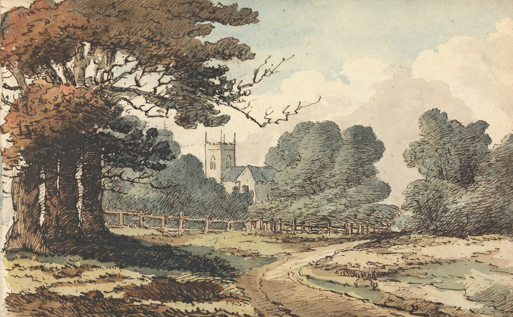 Rural Scene with Church, oil on canvas by Thomas Bradshaw, depicting a church among rolling hills in golden light.