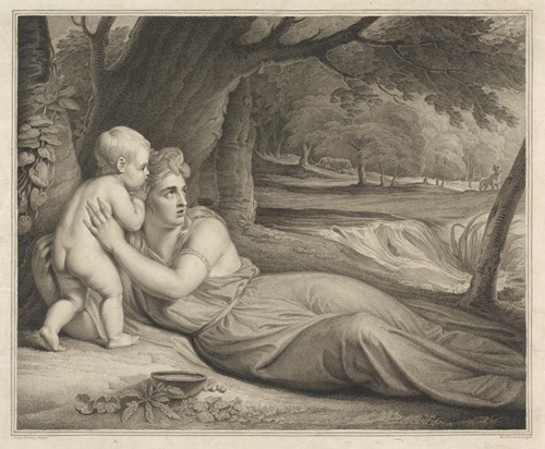 Alope by George Romney features a seated woman in a flowing dress, surrounded by a lush landscape.