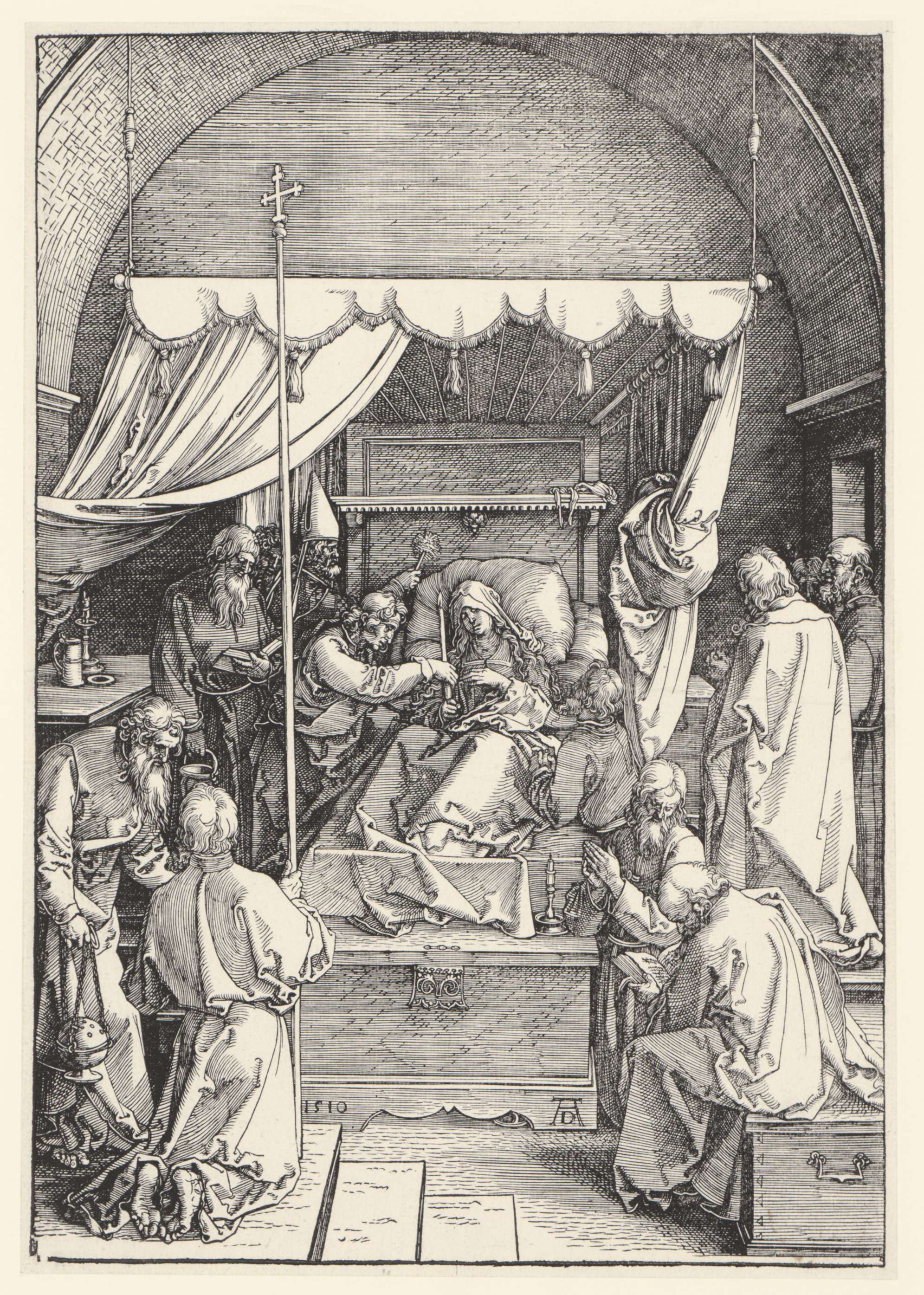Sterfbed van Maria by Albrecht Dürer, paper medium, Virgin Mary in repose surrounded by figures.